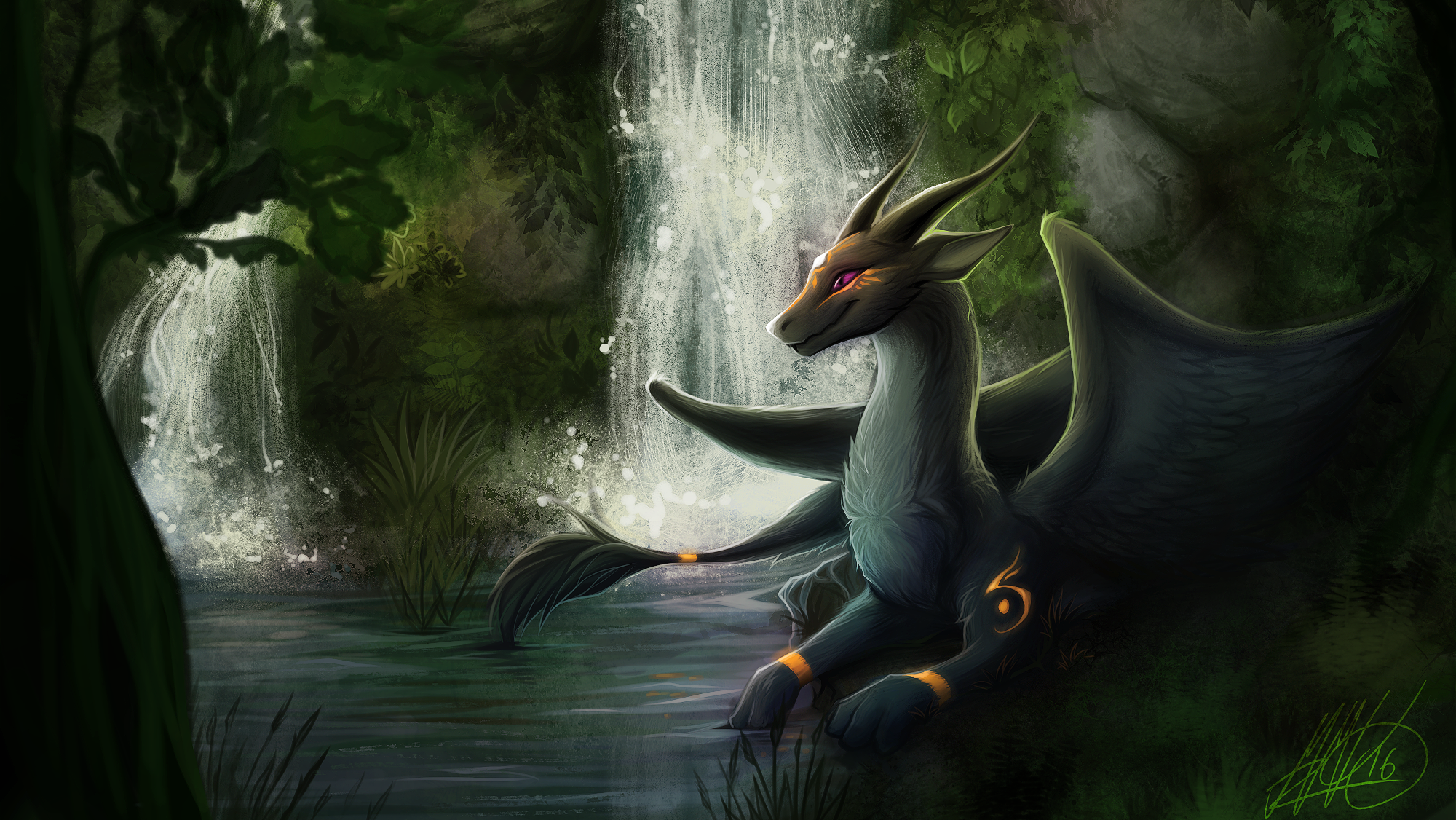 Anime 2000x1126 furry Anthro dragon waterfall
