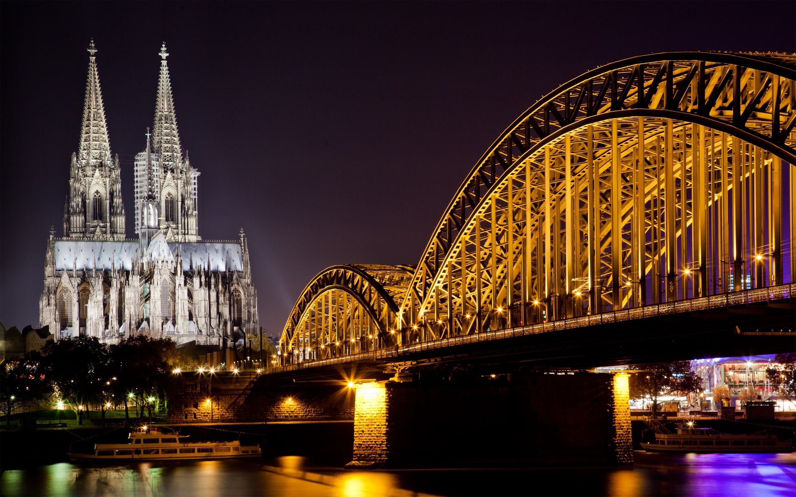 General 2560x1600 photography urban lights street light bridge water river church architecture Cologne Cologne Cathedral Germany landmark Europe