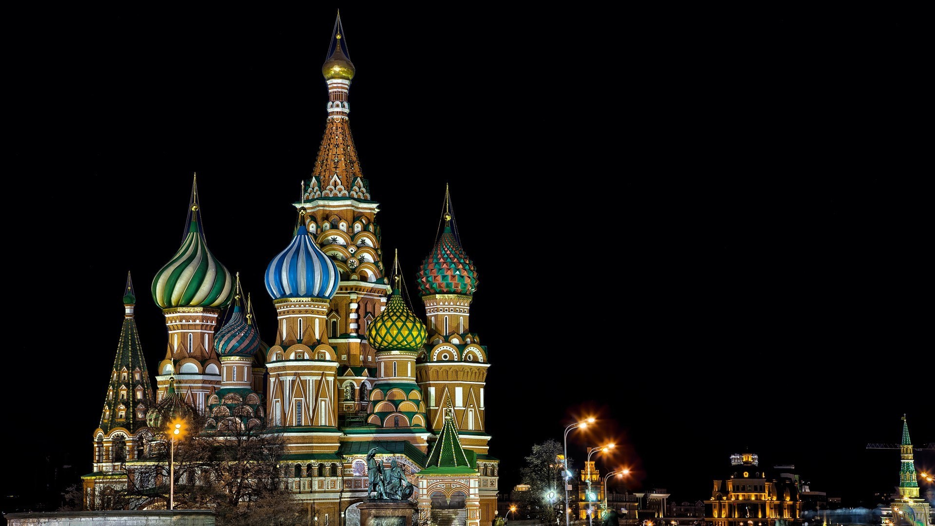 General 1920x1080 architecture city cityscape night lights building Moscow Russia Saint Basil's Cathedral tower street light sculpture capital trees landmark