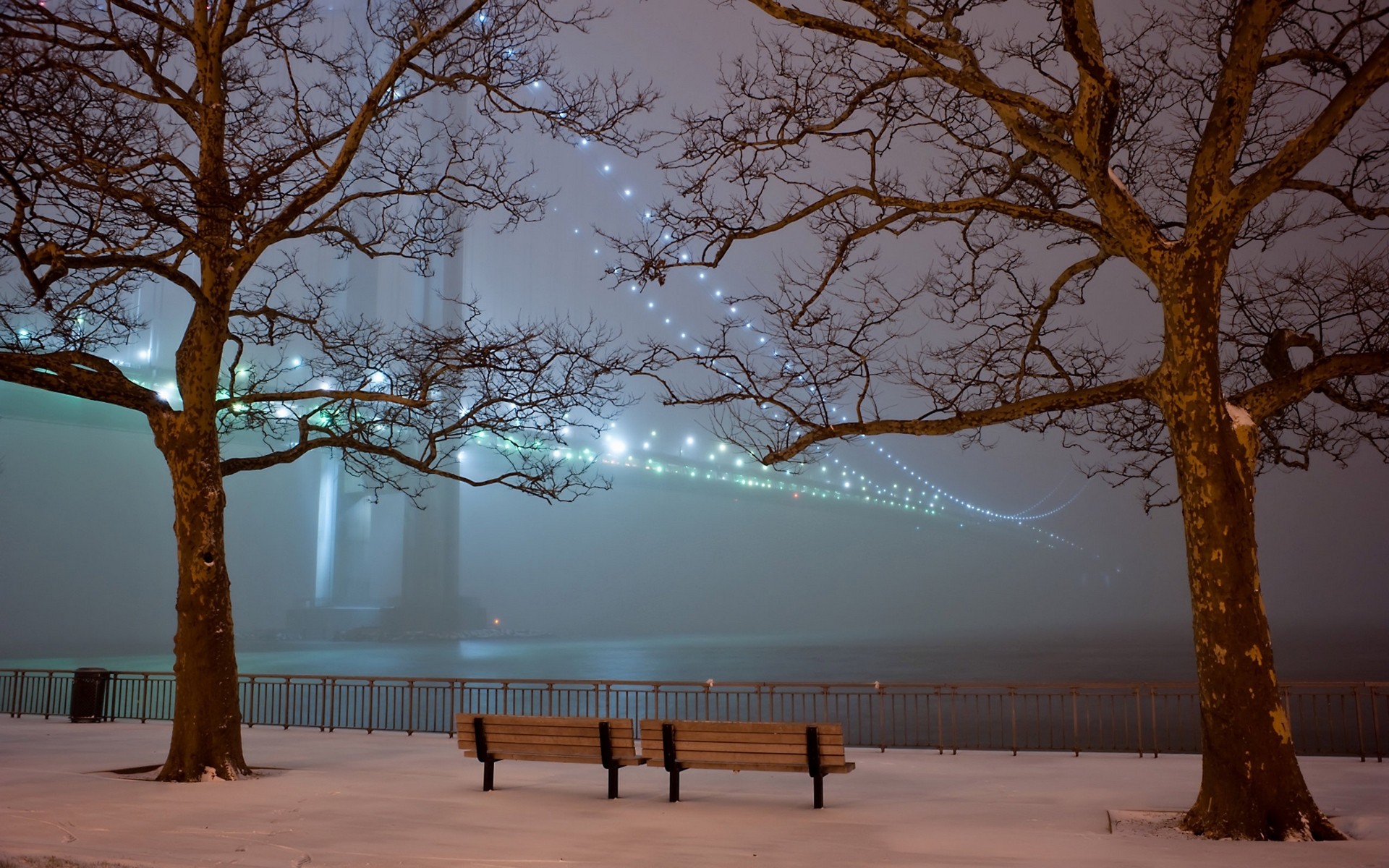 General 1920x1200 bridge bench mist USA New York City winter
