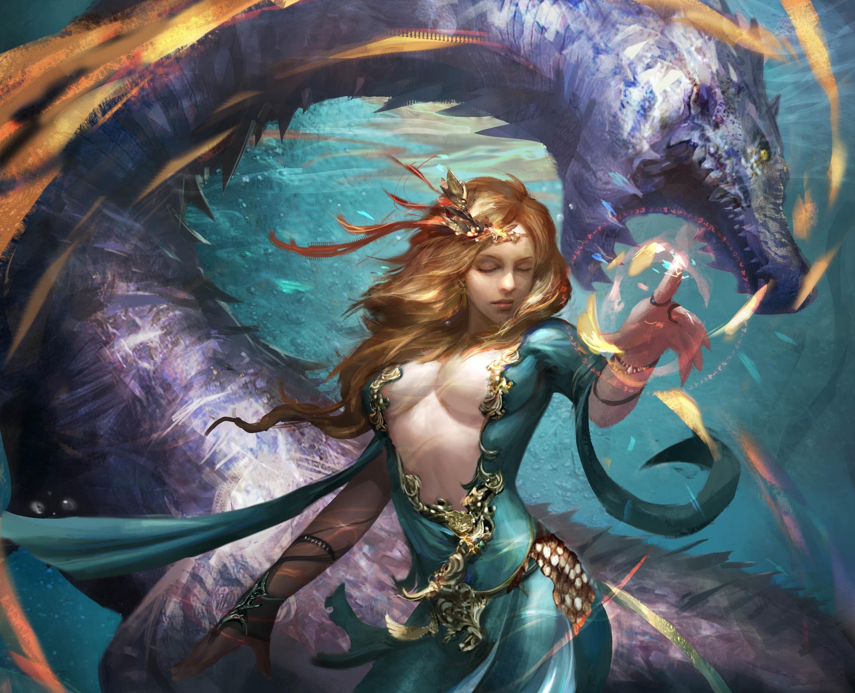 General 3000x2433 Legend of the Cryptids artwork fantasy art dragon magician women boobs fantasy girl closed eyes creature dress long hair