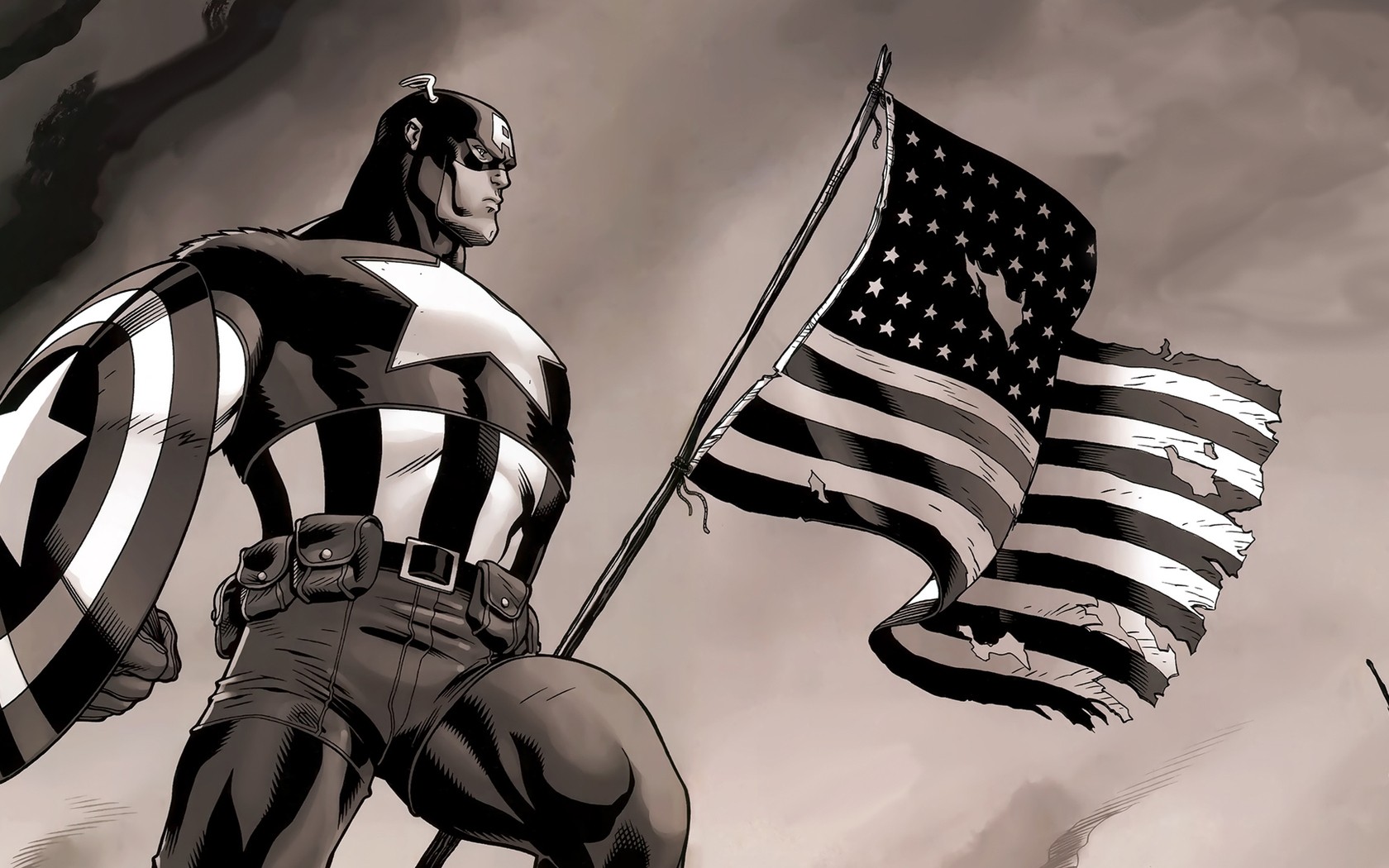 General 1680x1050 Captain America American flag flag comic art superhero digital art monochrome Marvel Comics standing