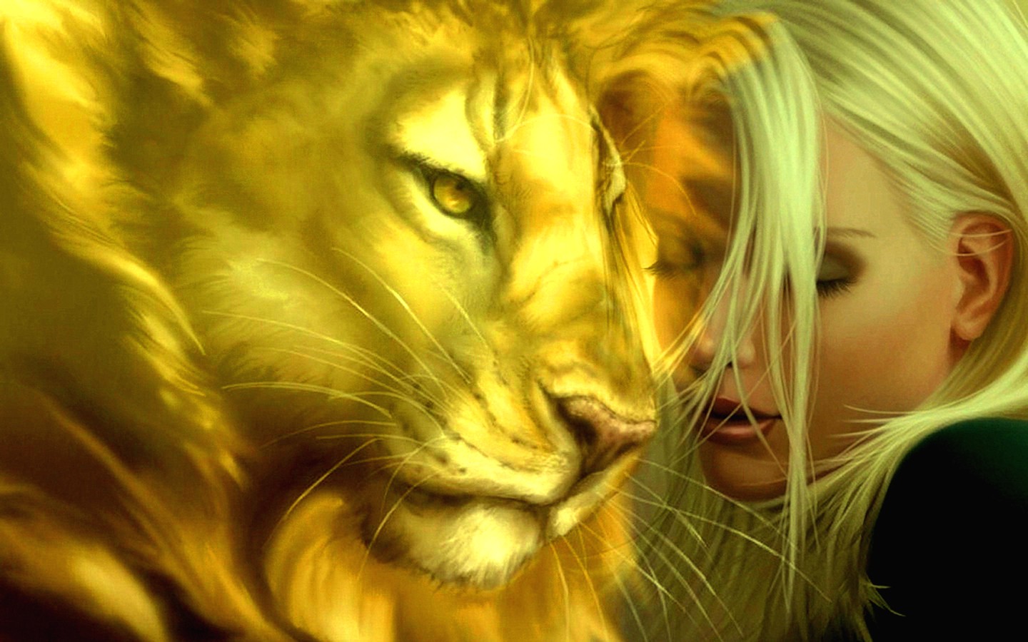 General 1440x900 lion artwork women closed eyes animals mammals big cats red lipstick blonde