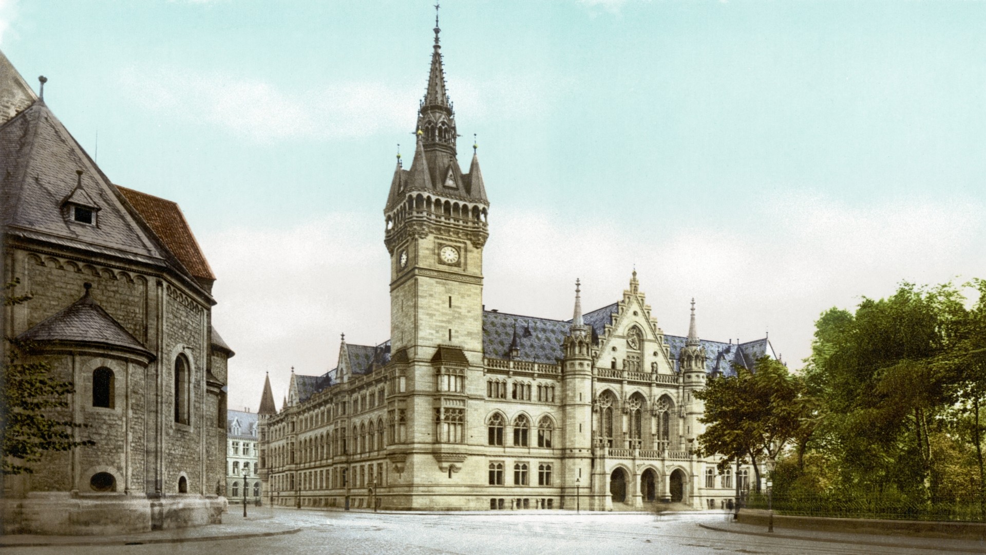 General 1920x1080 architecture building castle clouds tower trees city Germany church colorized photos history old town square empty  old photos