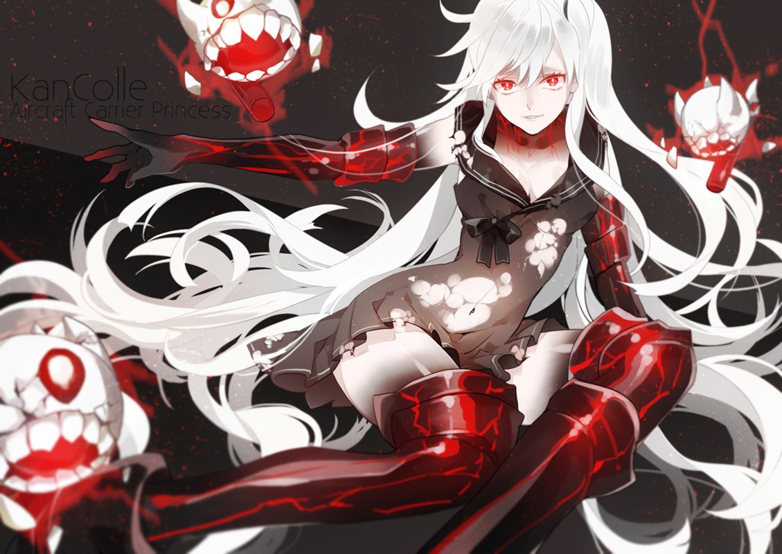 Anime 1129x800 Kantai Collection Aircraft Carrier Hime  long hair red eyes torn clothes ribbon creature anime girls anime fantasy art fantasy girl