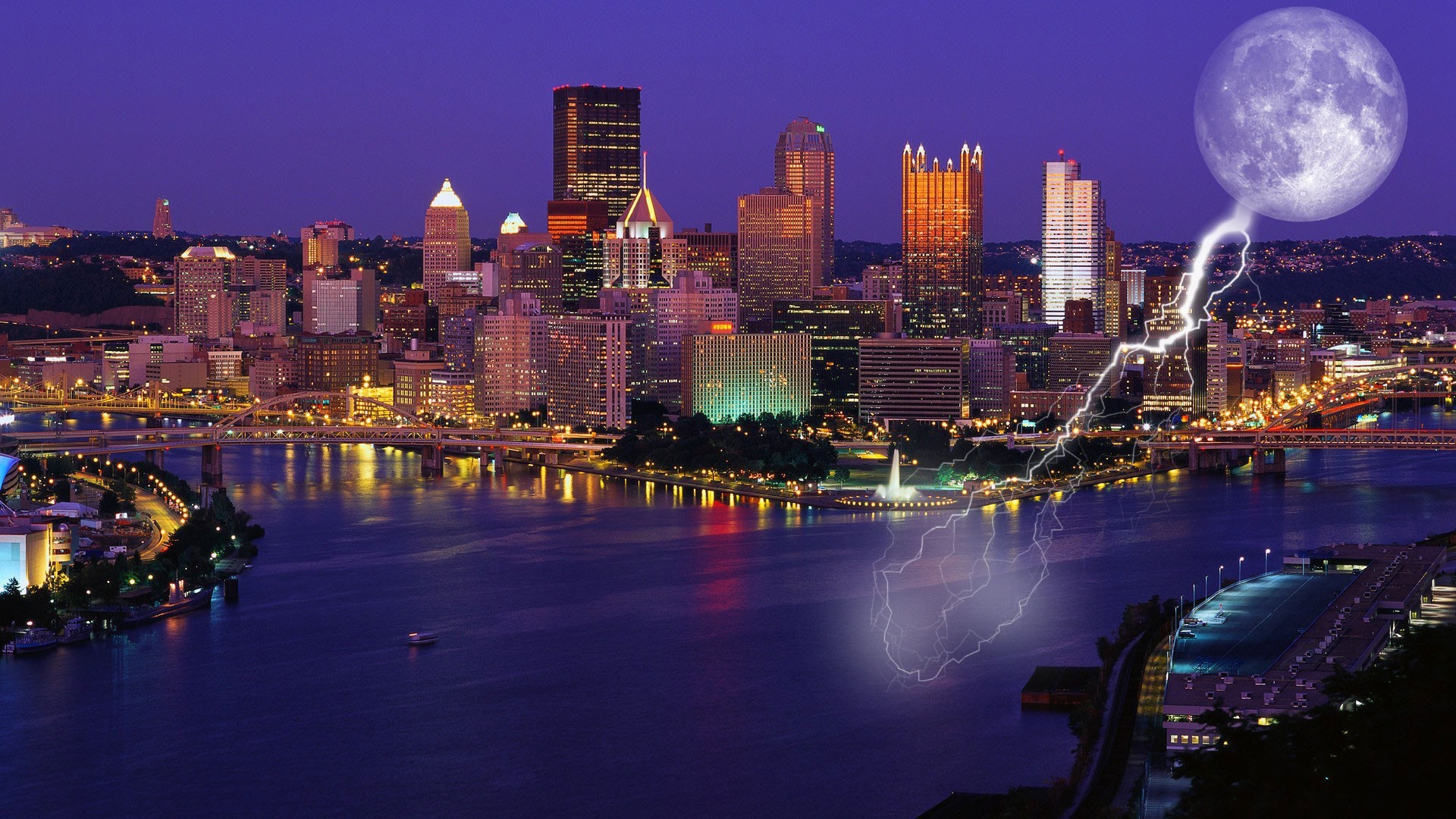 General 1920x1080 Pittsburgh Pennsylvania cityscape photo manipulation skyscraper Moon lightning USA digital art
