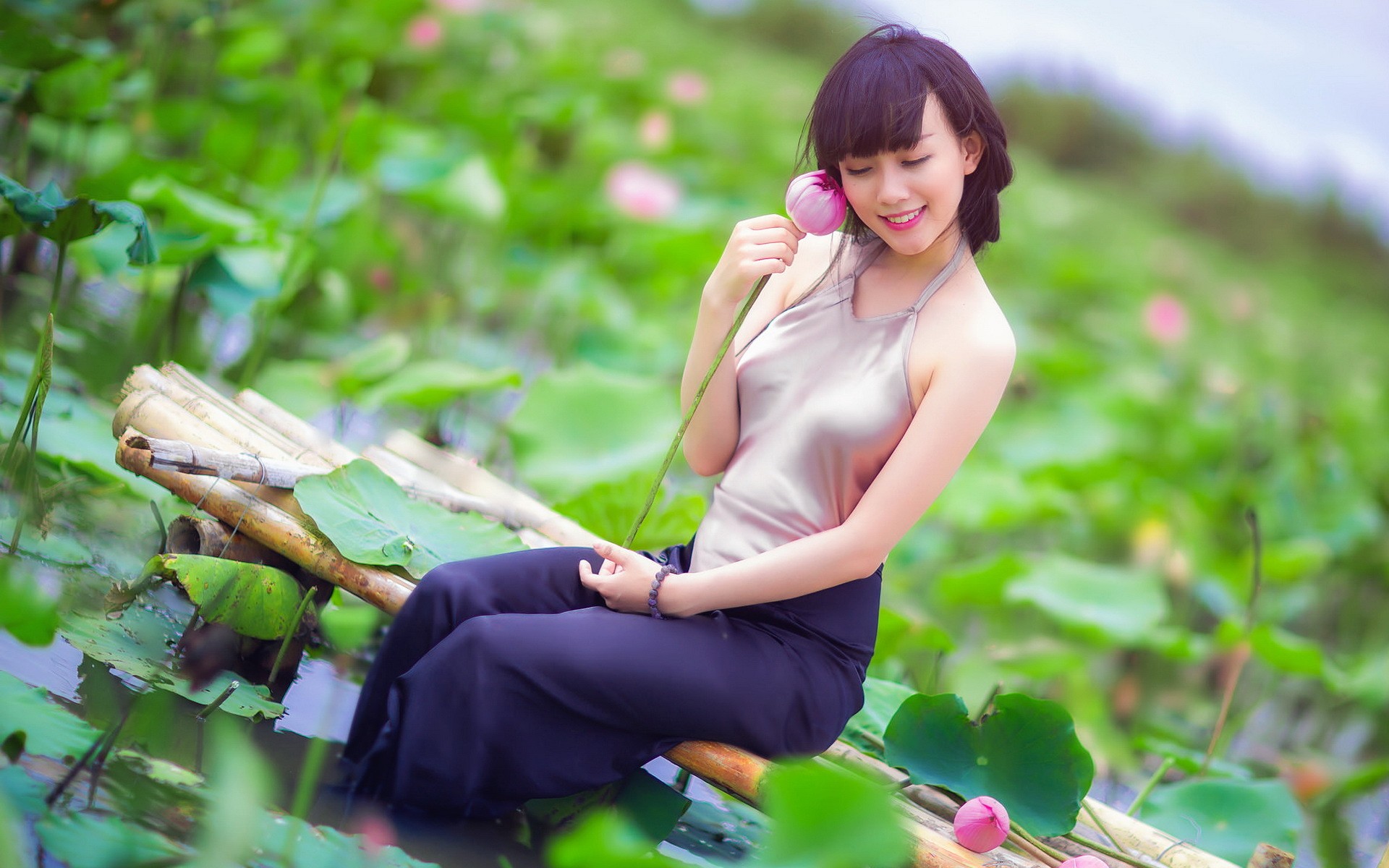 People 1920x1200 women outdoors Asian women model sitting happy smiling flowers plants water makeup