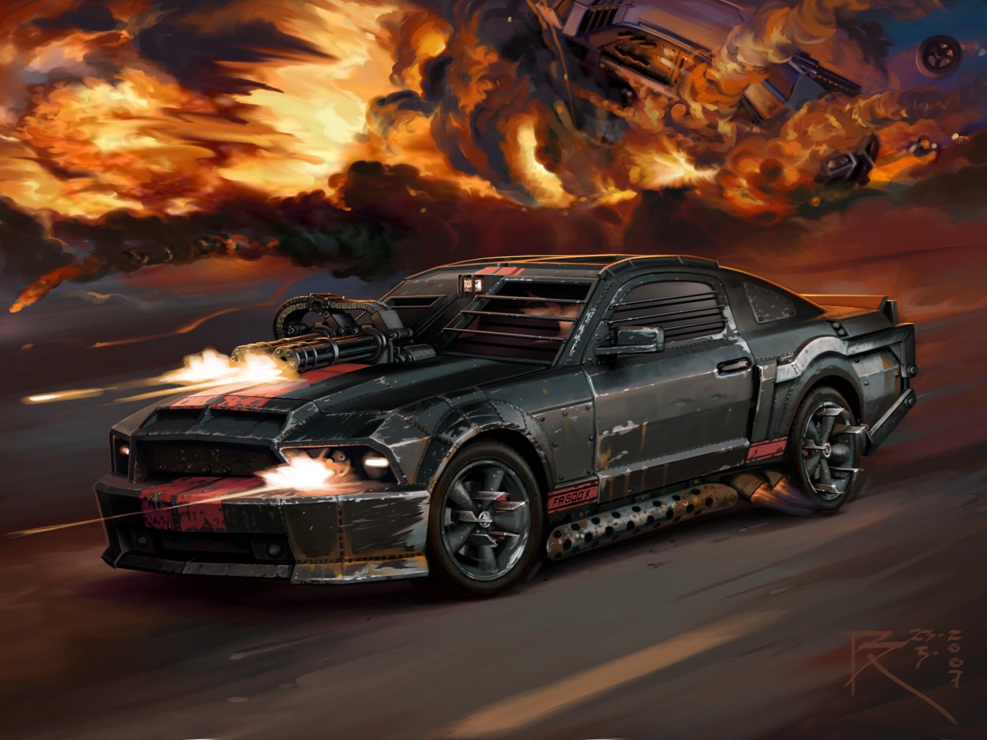General 1996x1498 Death race car 2007 (Year) vehicle weapon fire explosion black cars artwork Ford Mustang S-197 Ford Mustang Ford digital art watermarked