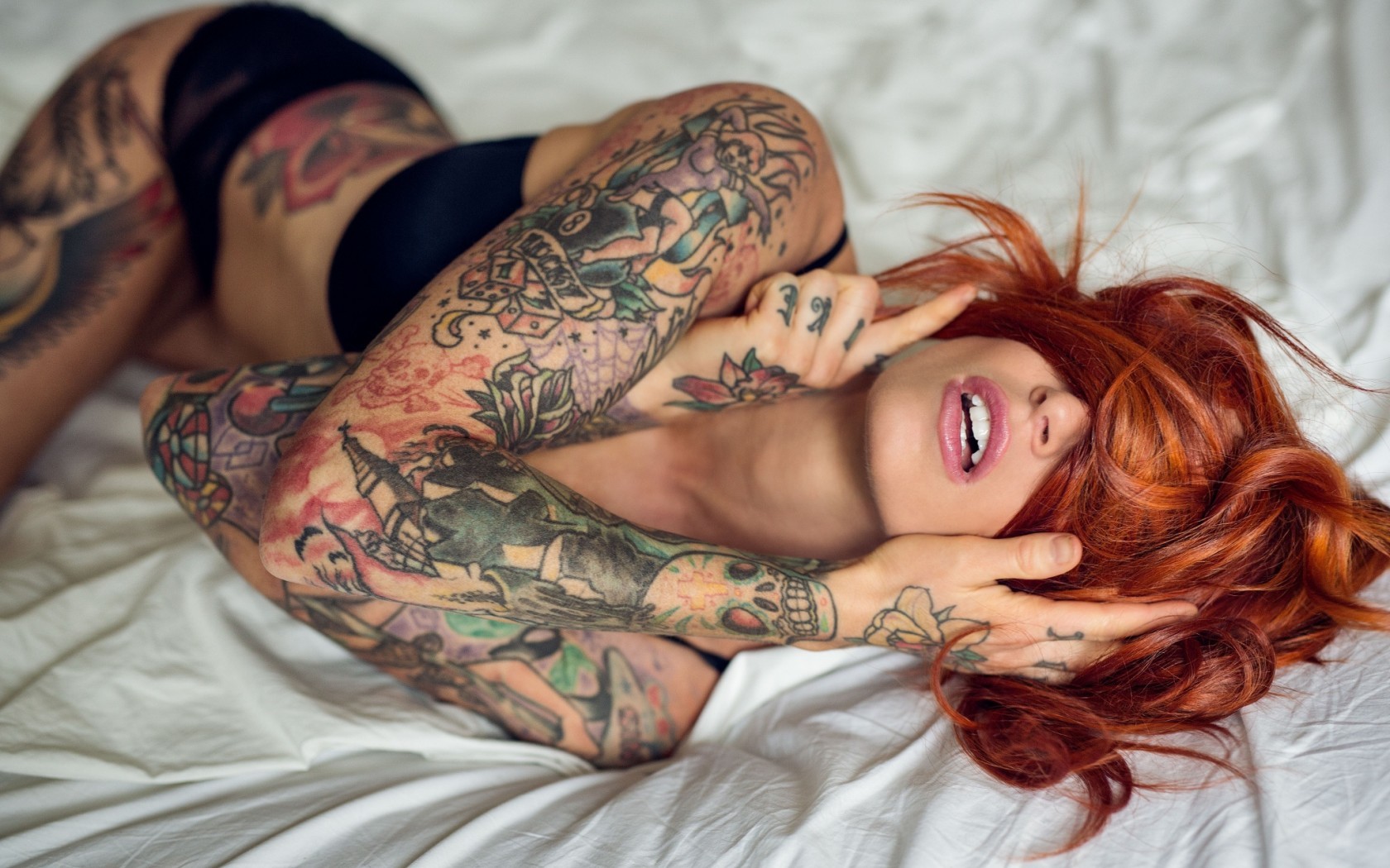 People 1680x1050 redhead tattoo women inked girls hair in face open mouth pink lipstick lying down underwear black underwear parted lips women indoors model indoors Anne Lindfjeld