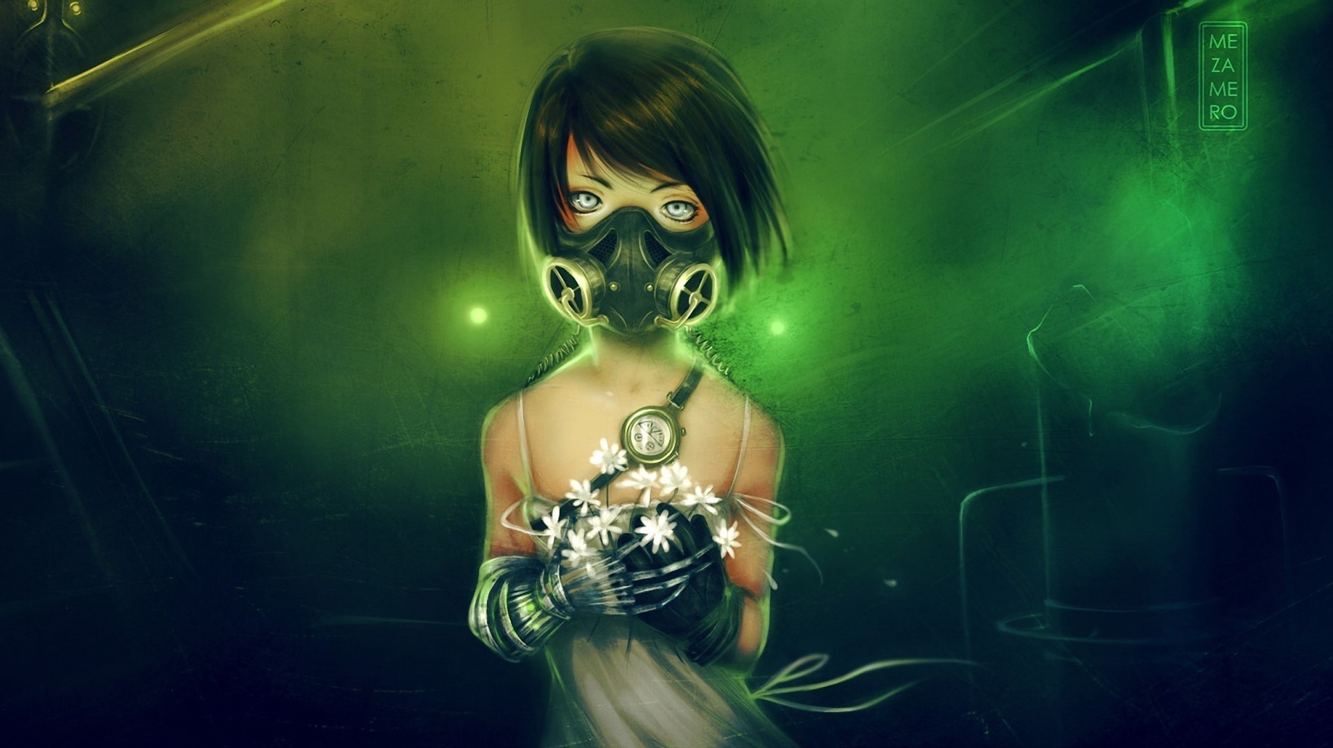 General 1924x1080 cyberpunk futuristic mask short hair black hair looking at viewer gray eyes gas masks gloves flowers prosthesis wires straps nightie pipes underground lights science fiction women