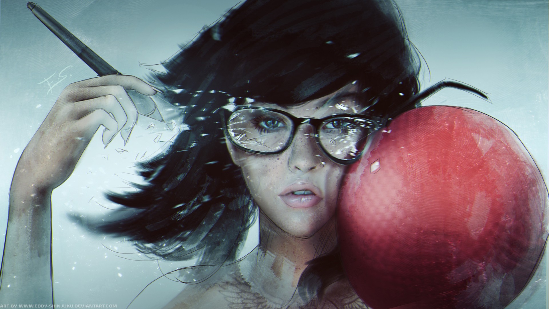 General 1920x1080 women with glasses glasses artwork women ball DeviantArt black hair shards face pens looking at viewer pink lipstick simple background blue background