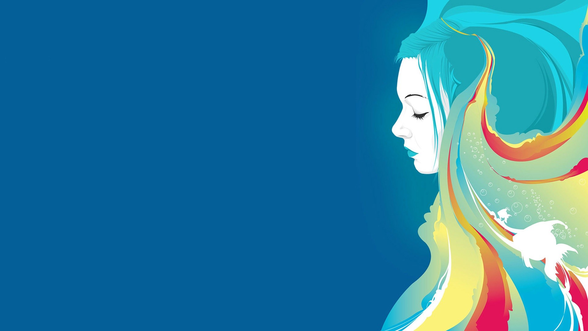 General 1920x1080 drawing women blue colorful fish blue background turquoise hair face profile cyan hair simple background artwork closed eyes