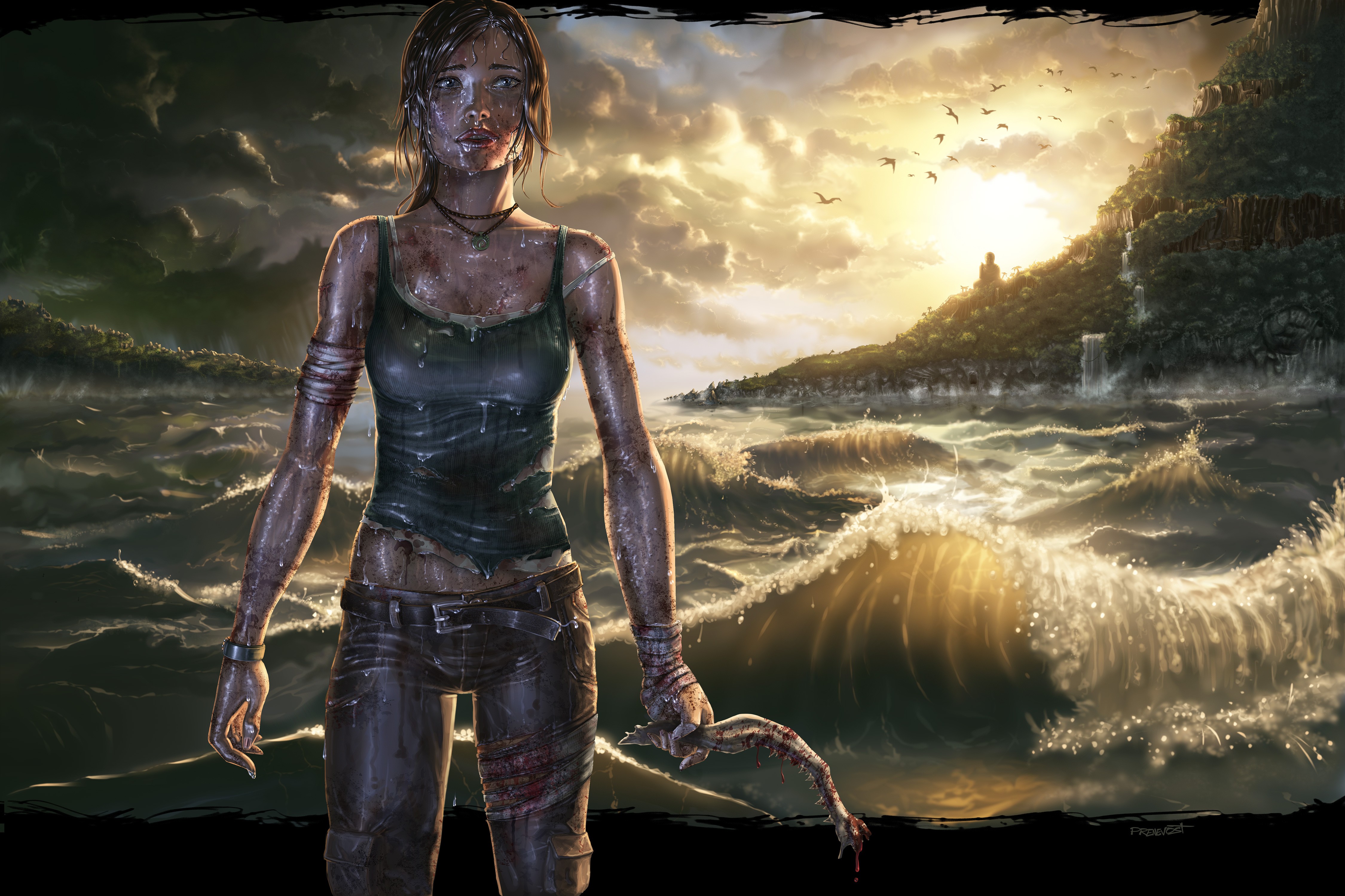General 4500x3000 Tomb Raider artwork video games PC gaming blood video game characters video game girls wounds sea sunlight women necklace wet wet body video game art Lara Croft (Tomb Raider) fan art