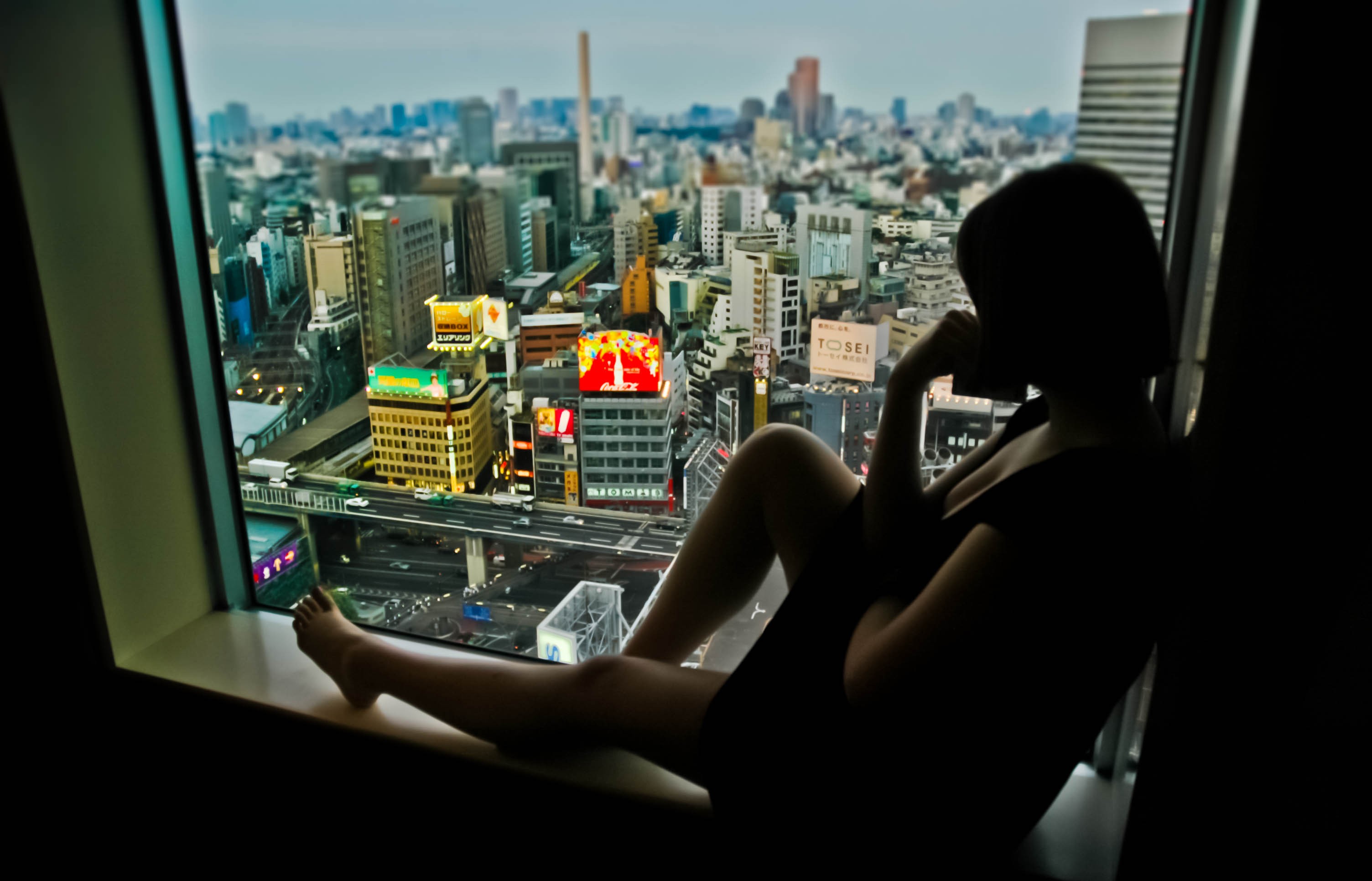 General 3008x1931 Tokyo silhouette Lost in Translation window sill cityscape by the window city Asia women women indoors low light
