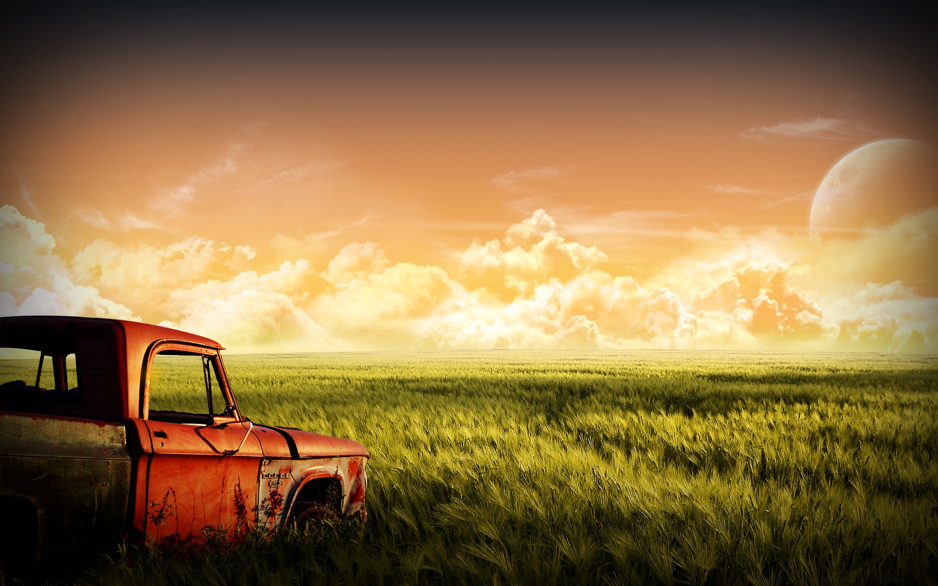 General 1920x1200 old car nature landscape red green Moon photo manipulation car field sunset grass clouds sky space art planet wreck vehicle red cars plants space horizon digital art