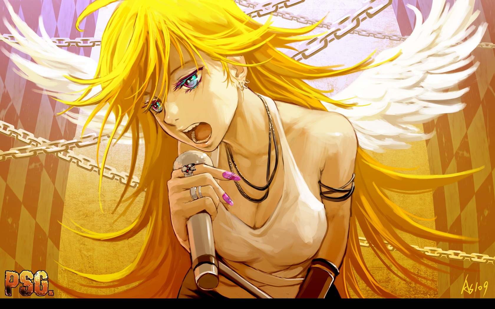 Anime 1680x1050 angel anime anime girls Anarchy Panty singing blonde open mouth chains painted nails women microphone singer angel girl