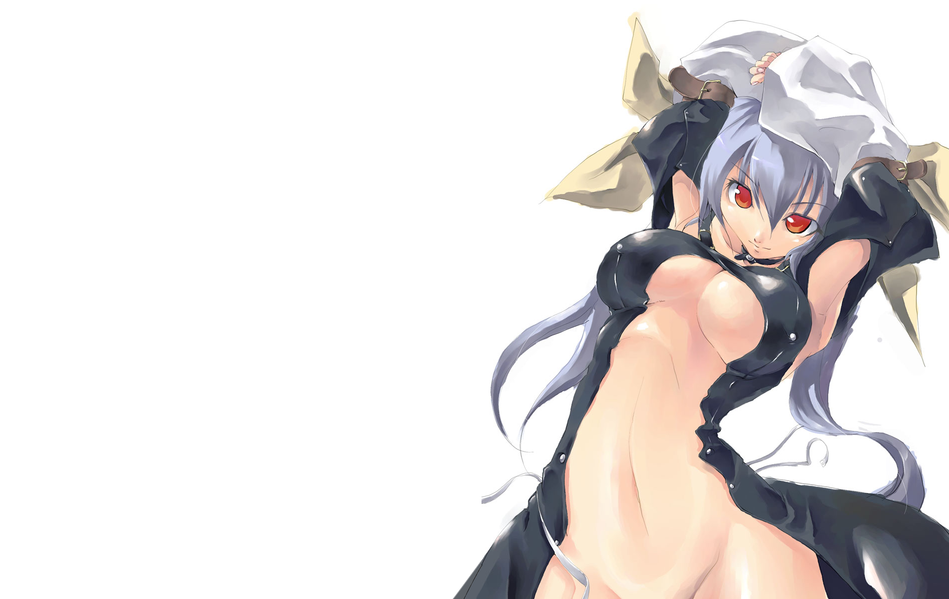 Anime 1900x1200 boobs belly white background anime girls red eyes silver hair long hair Guilty Gear Dizzy (Guilty Gear) big boobs anime simple background beige background purple hair looking at viewer women standing arms up
