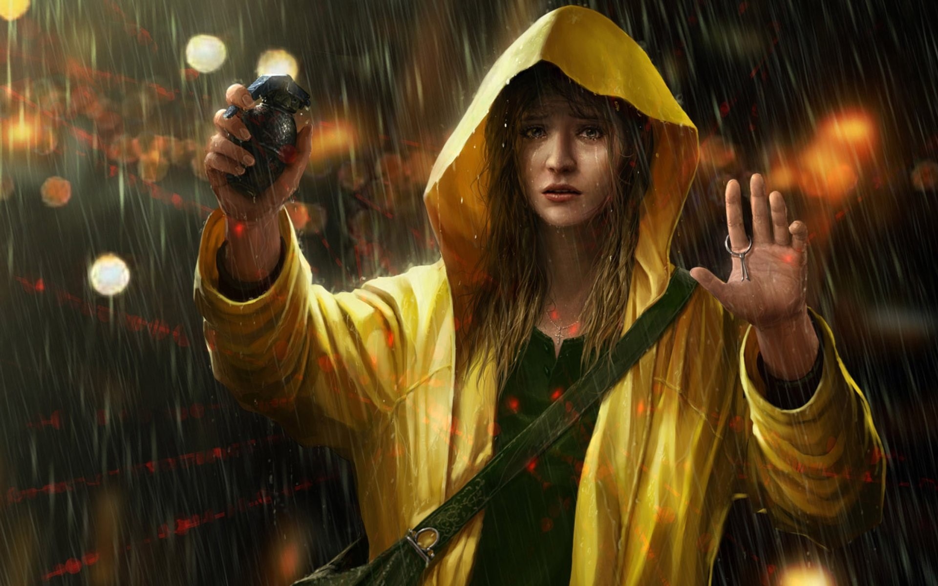 General 1920x1200 artwork grenades women rain hoods arms up crying sad yellow raincoat surrounded