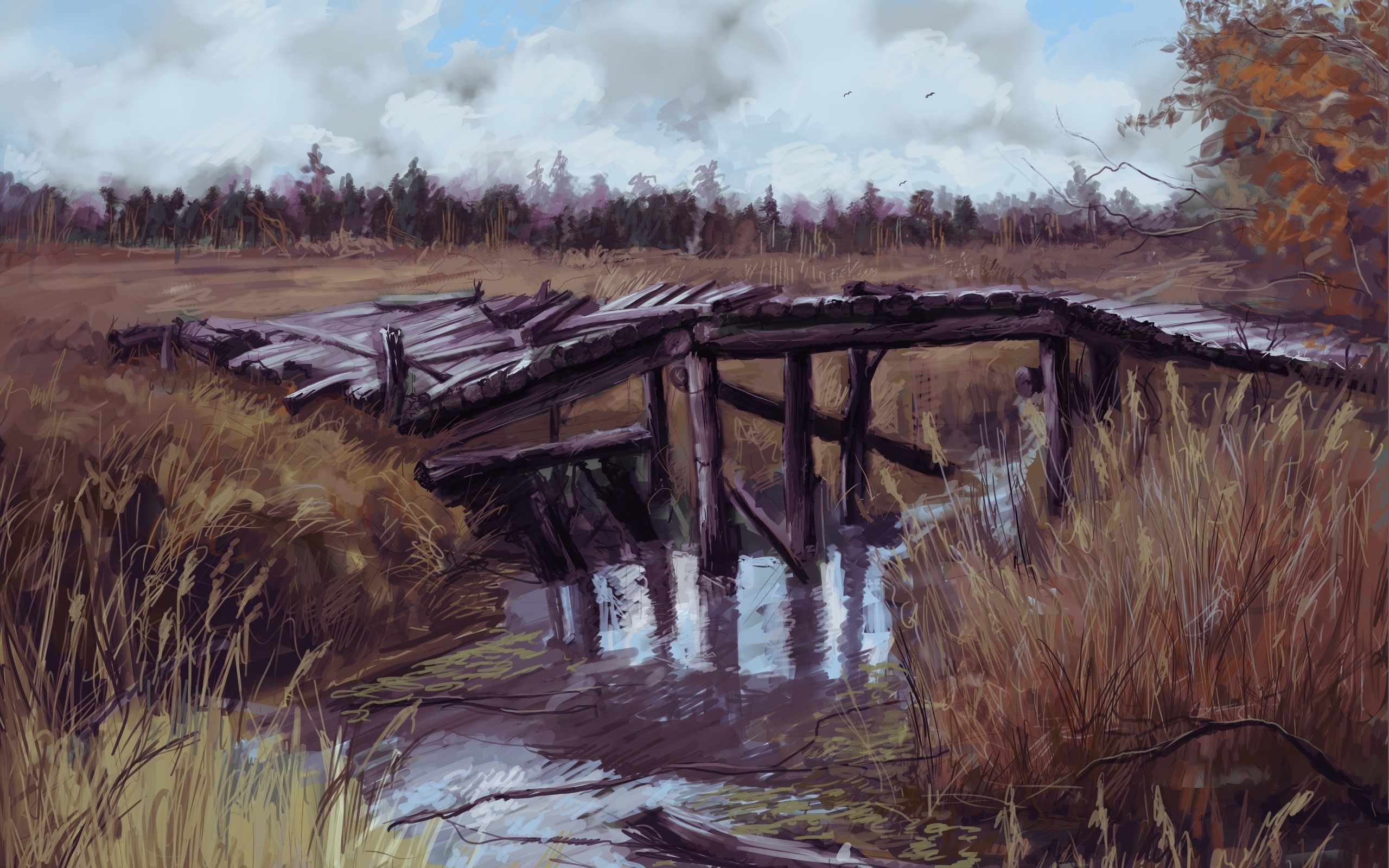 General 2560x1600 landscape bridge artwork wood water painting