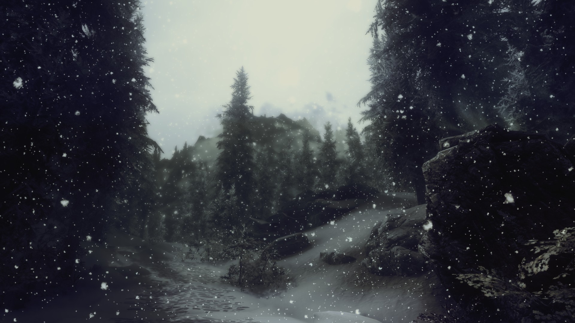 General 1920x1080 artwork nature snow trees The Elder Scrolls V: Skyrim video games sky forest clearing forest road winter PC gaming RPG