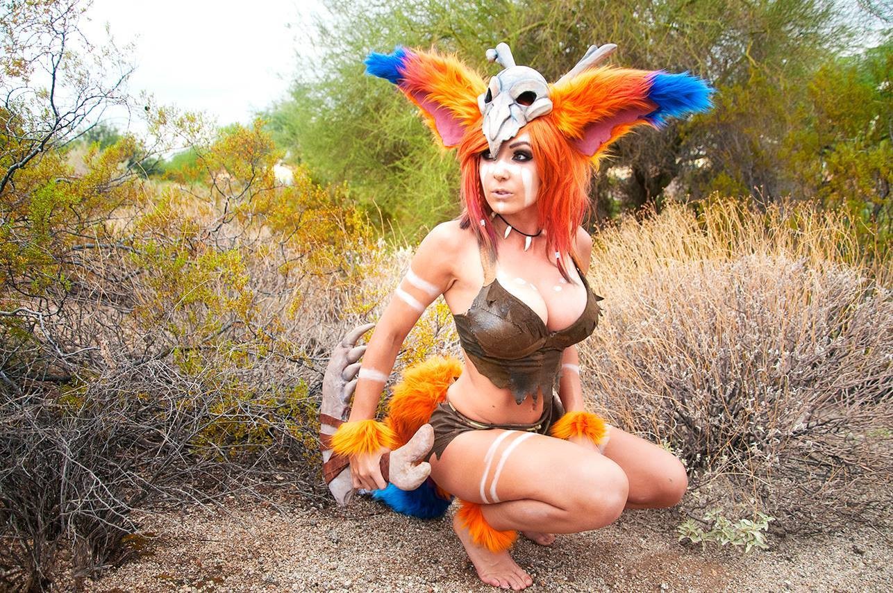 People 1286x854 League of Legends PC gaming Gnar (League of Legends) video game girls Jessica Nigri model cosplay costumes boobs bra tiptoe multi-colored hair women squatting big boobs