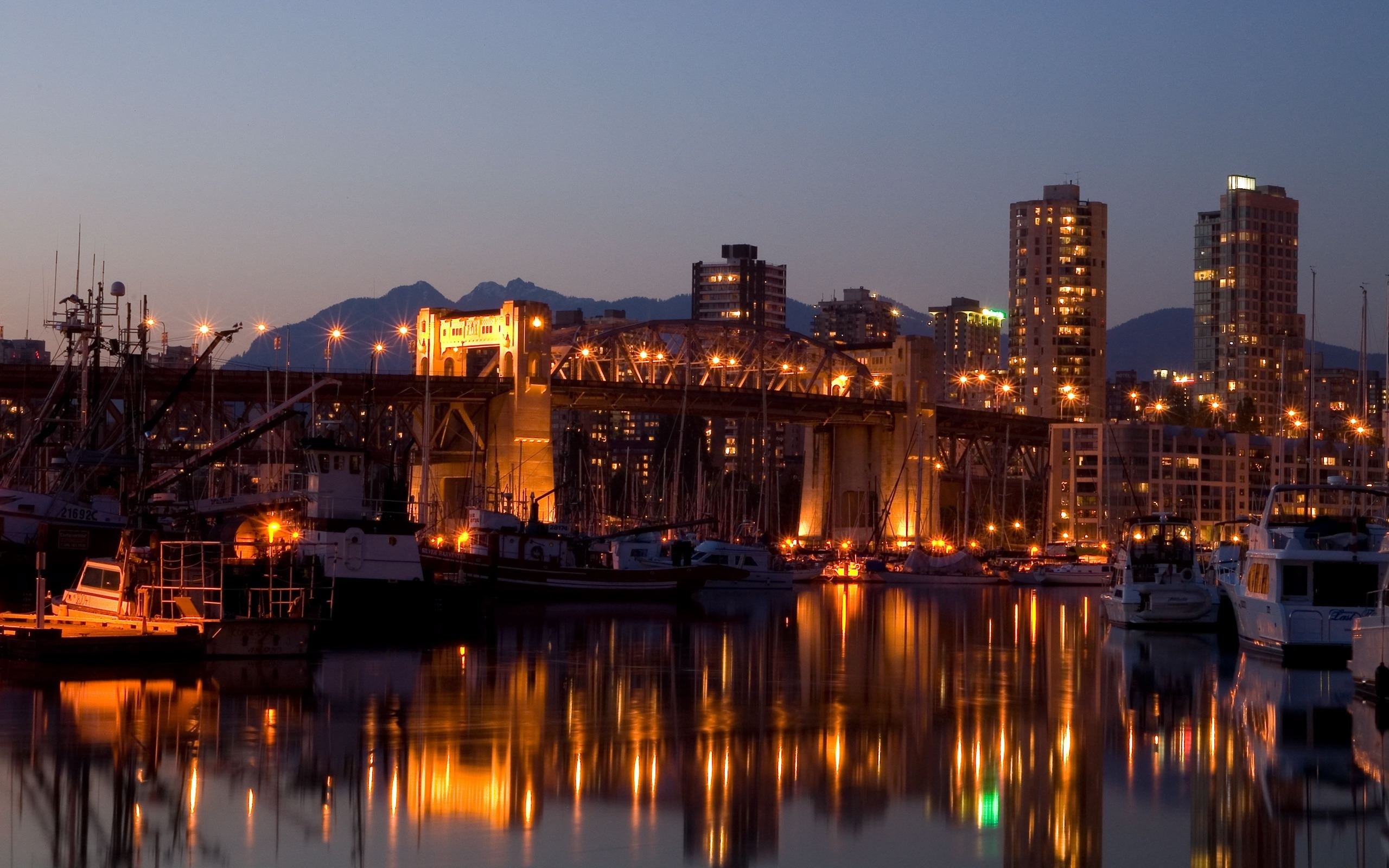 General 2560x1600 cityscape Vancouver harbor bridge boat city lights Canada reflection lights