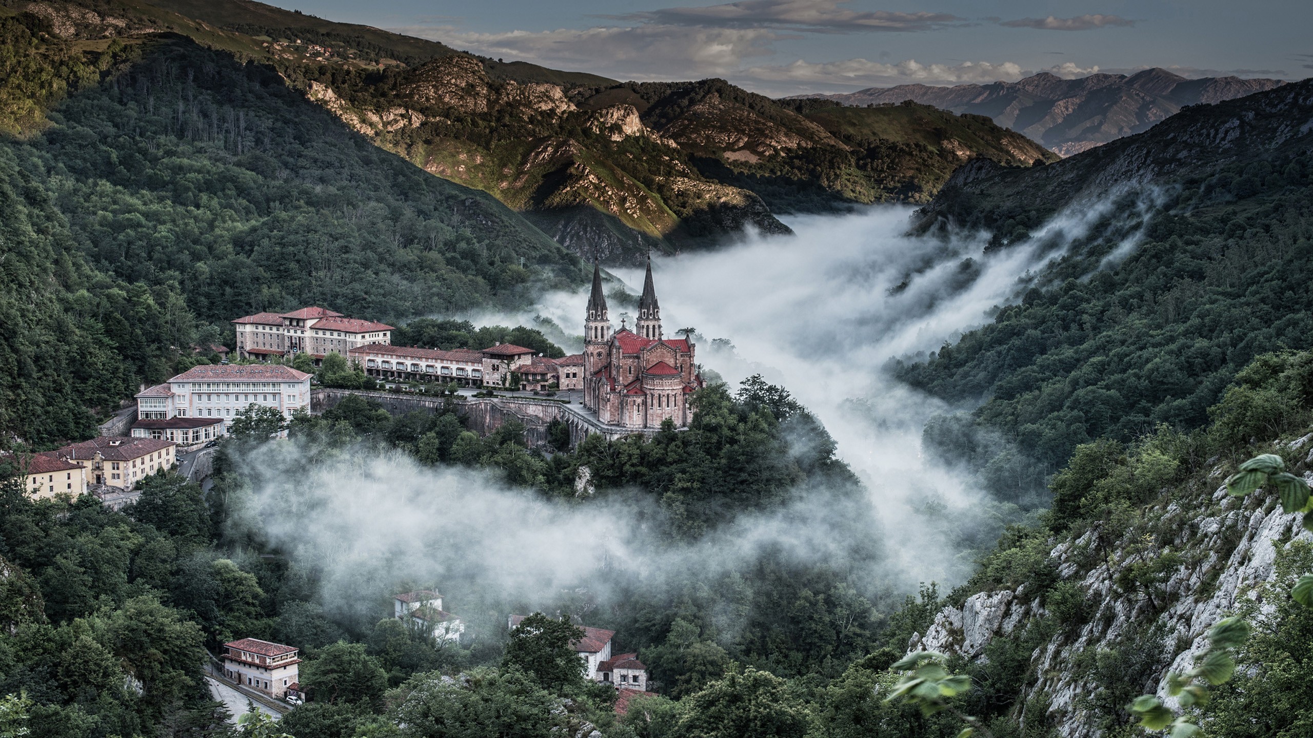 General 2560x1440 castle mountains landscape mist Spain Asturias Santuario de Covadonga Picos de Europa