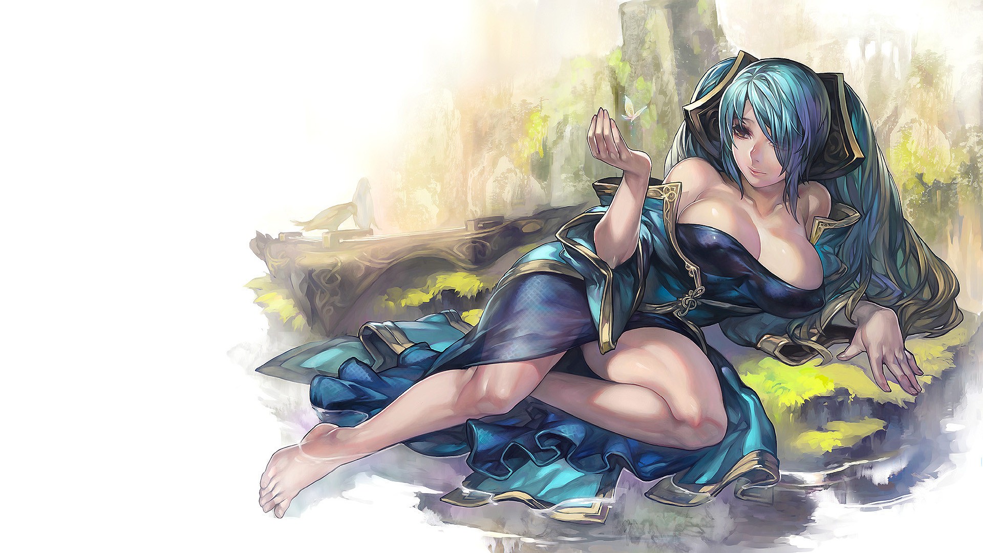 Anime 1920x1080 Sona (League of Legends) Aoin barefoot boobs big boobs PC gaming video game art video game girls cyan hair simple background dress
