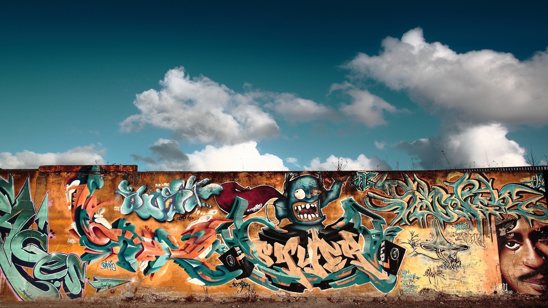 General 1920x1080 graffiti artwork wall clouds urban