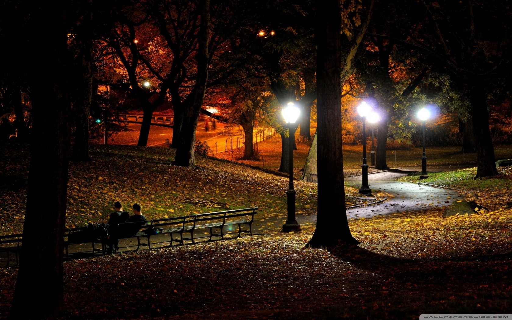 General 1680x1050 night park lantern bench trees fallen leaves fall