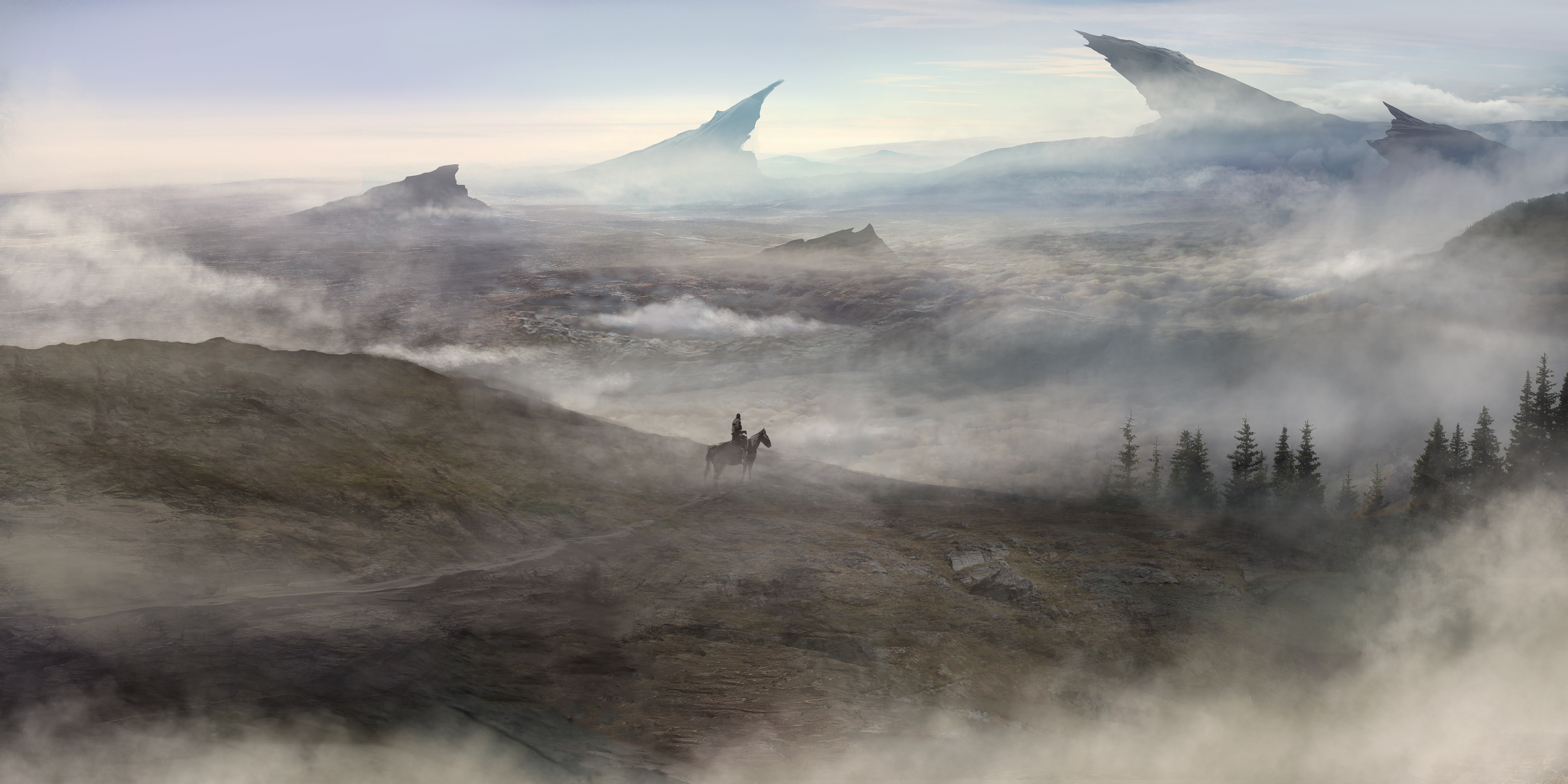 General 6000x3000 fantasy art valley mist horse landscape artwork digital art