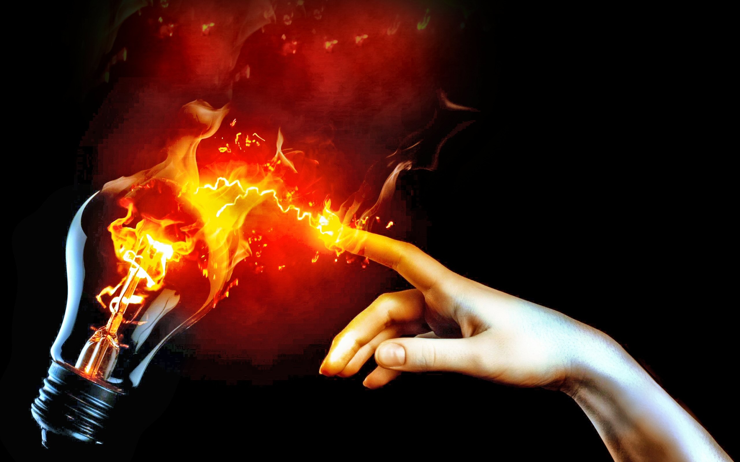 General 2560x1600 abstract fire light bulb red hands fingers technology simple background burning