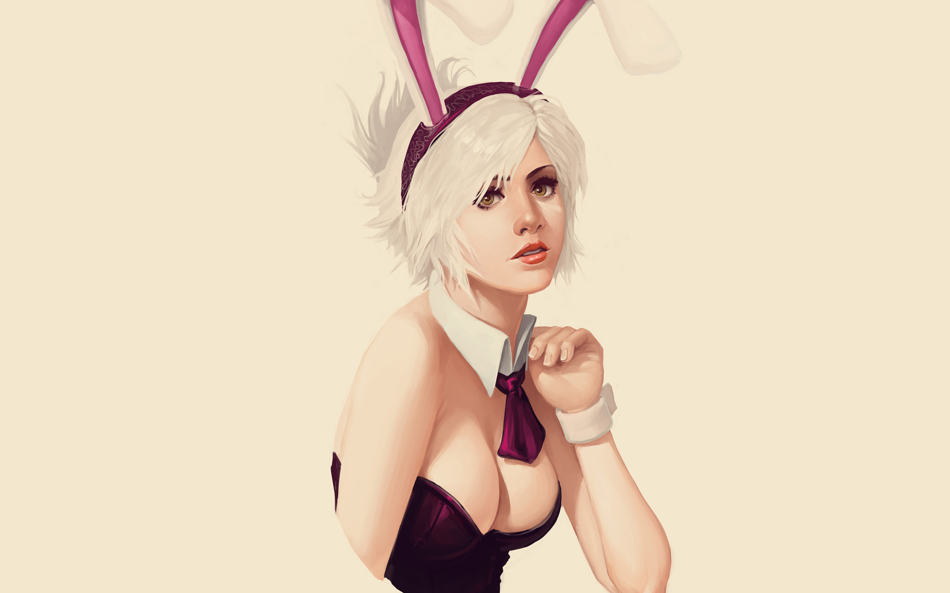General 1920x1200 artwork women bunny ears white hair boobs cleavage tie corset looking at viewer simple background beige background red lipstick Jonathan Hamilton
