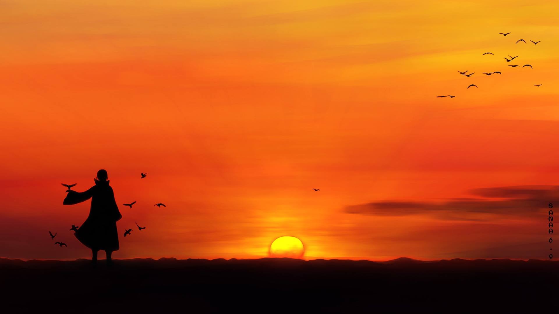 Anime 1920x1080 anime Naruto Shippuden Uchiha Itachi sunset silhouette birds standing sky Sun