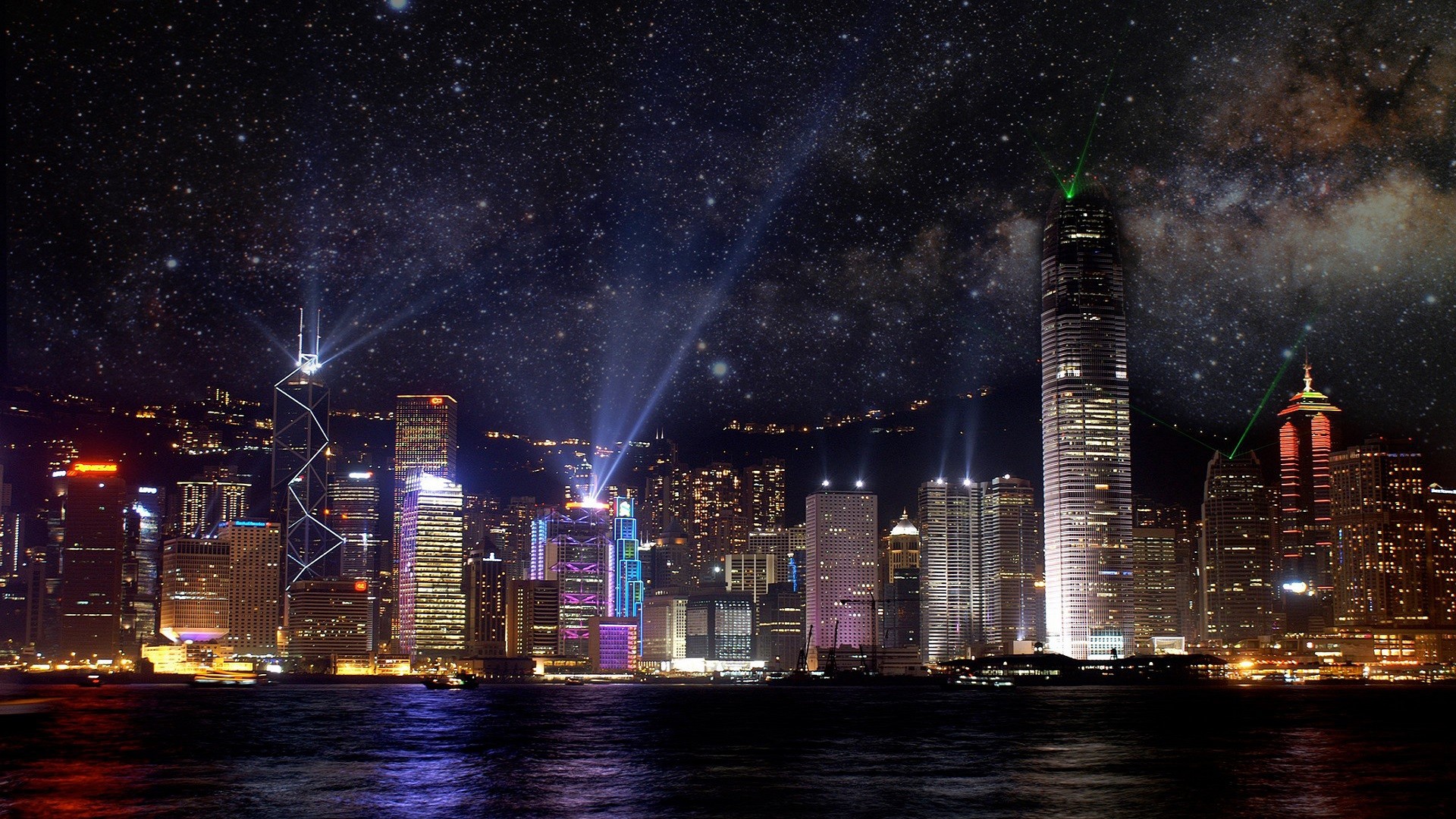 General 1920x1080 city Hong Kong cityscape photo manipulation Asia digital art stars sky city lights