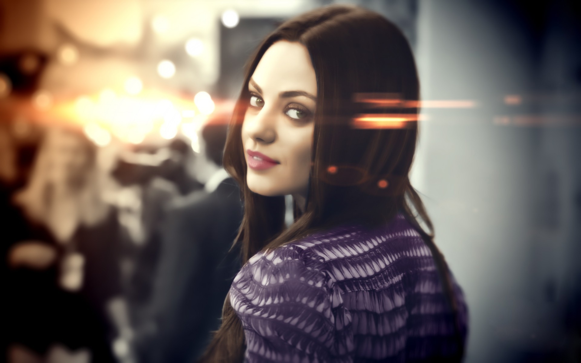 People 1920x1200 Mila Kunis women actress airbrushed lens flare lipstick looking back brunette looking at viewer long hair