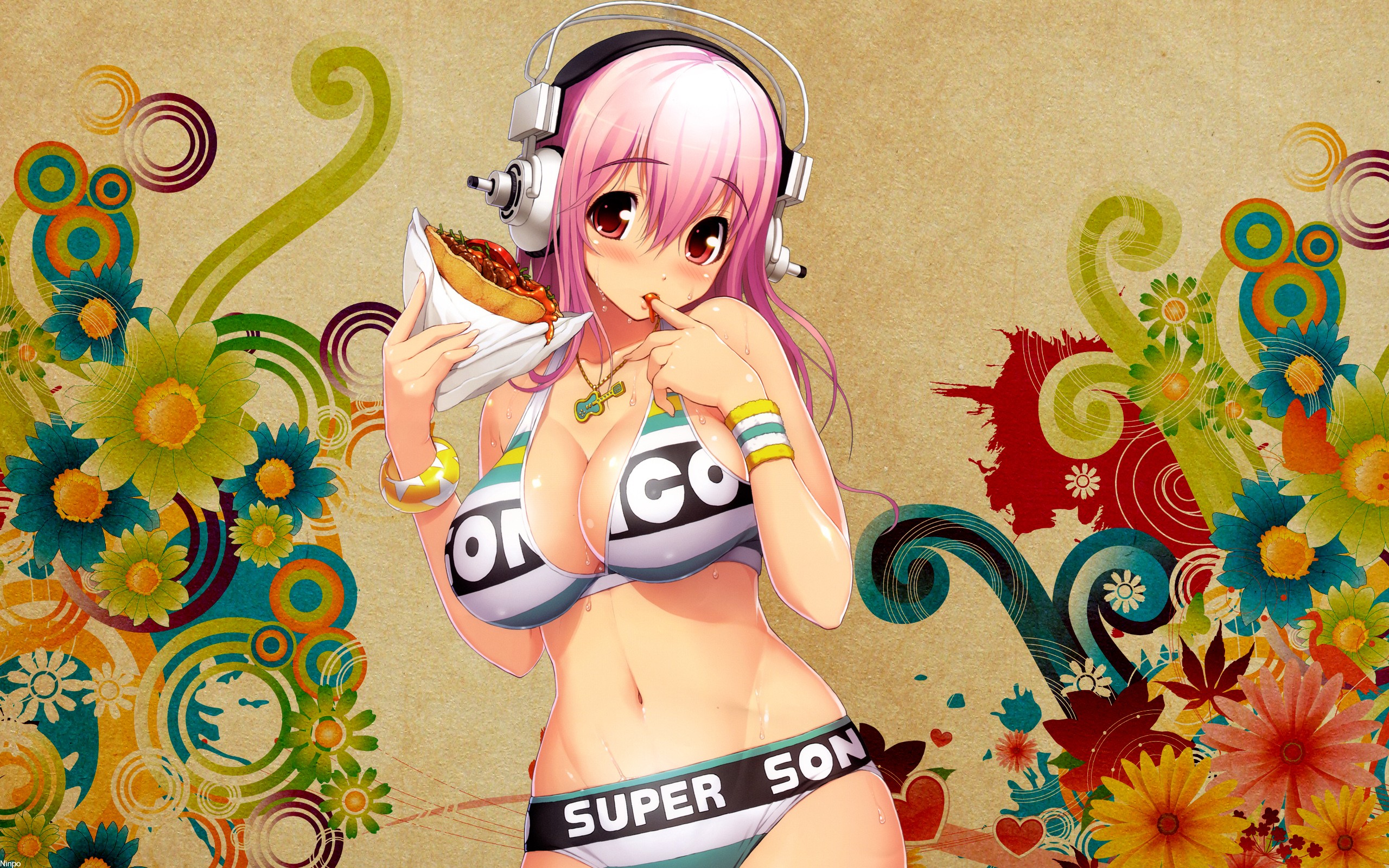 Anime 2560x1600 Super Sonico anime girls pink hair bangs headphones red eyes blushing food necklace bikini swimwear cleavage big boobs boobs huge breasts belly finger in mouth anime girls eating curvy