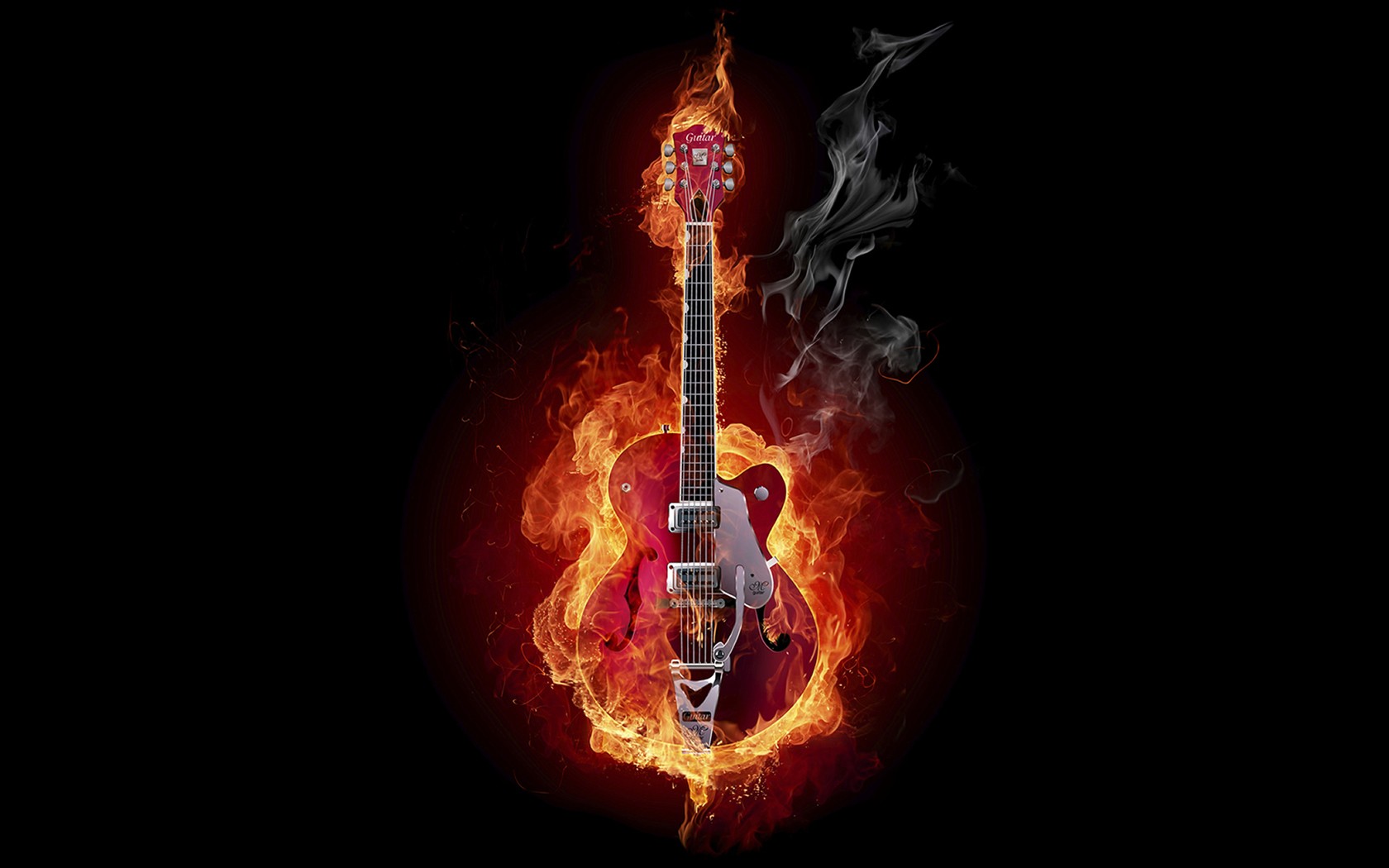 General 1680x1050 musical instrument fire digital art Flame Painter guitar burning simple background black background