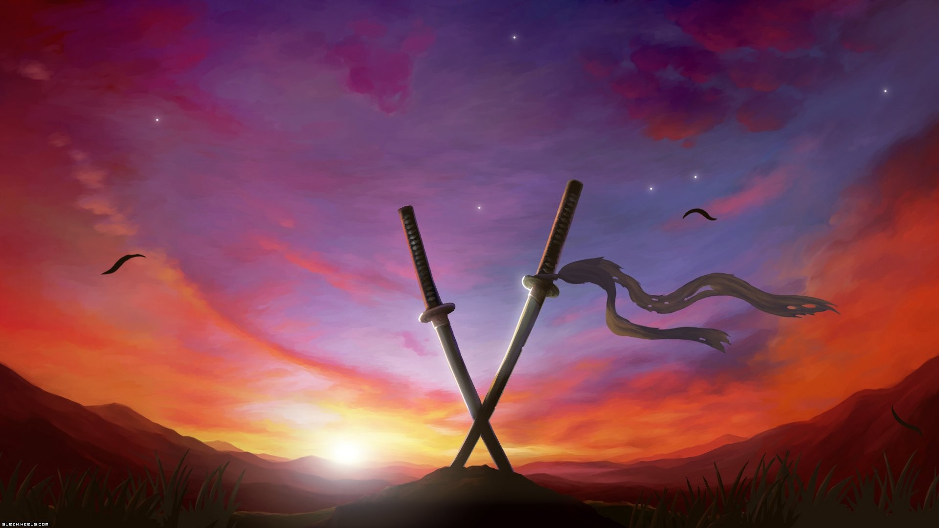 Anime 1920x1080 digital art sunset sword fantasy art weapon sky sunlight landscape katana