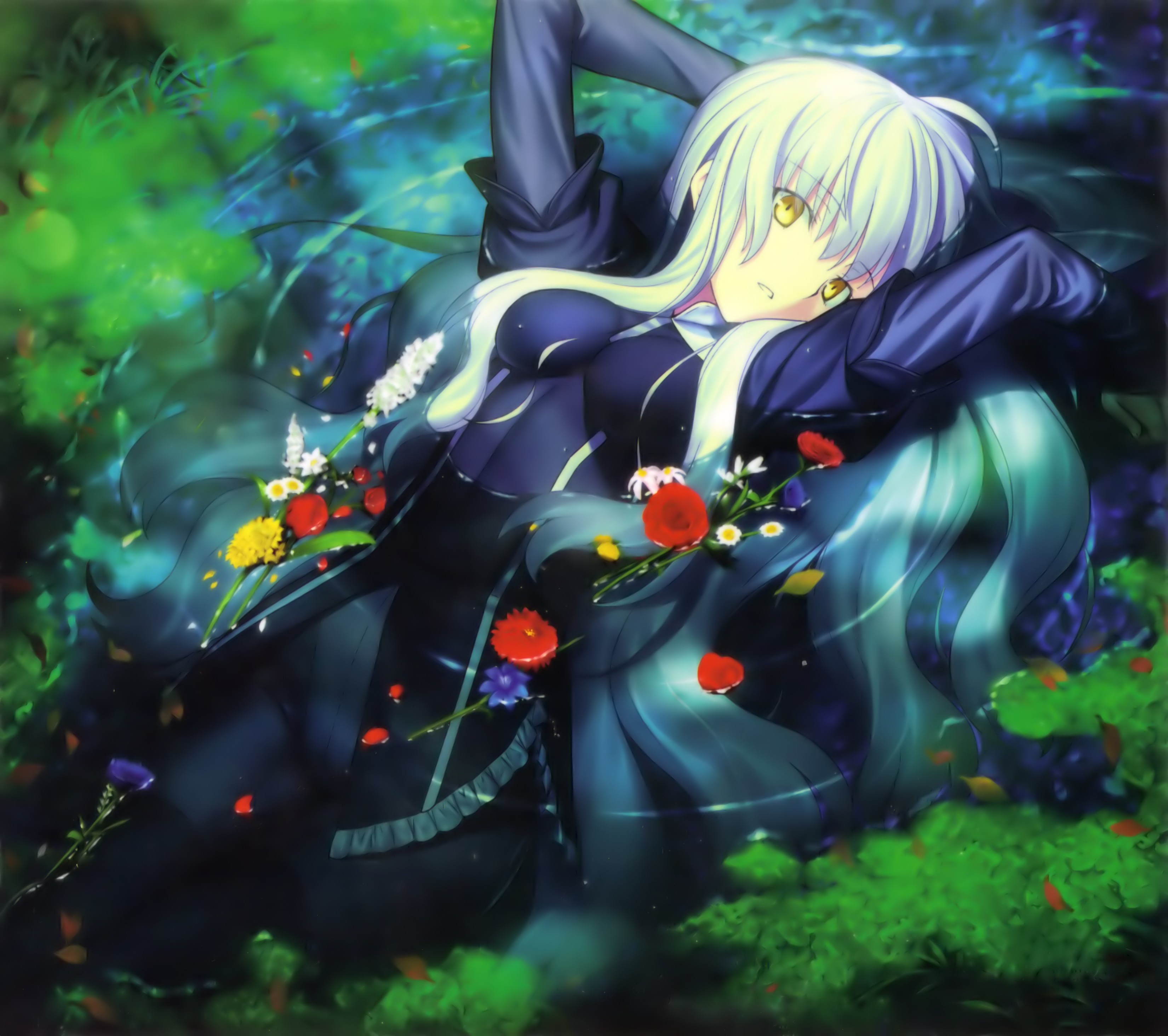 Anime 3300x2928 anime girls anime flowers yellow eyes boobs plants long hair in water Fate/Stay Night Caren Hortensia