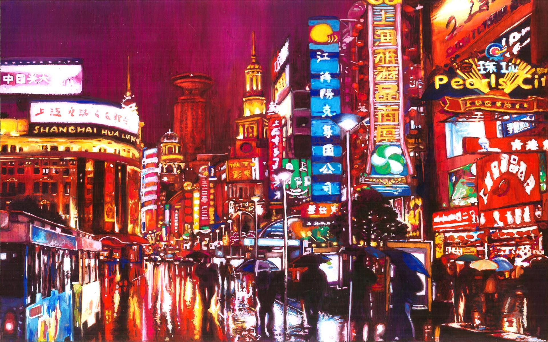 General 1920x1200 painting city Shanghai China Asia artwork lights people urban
