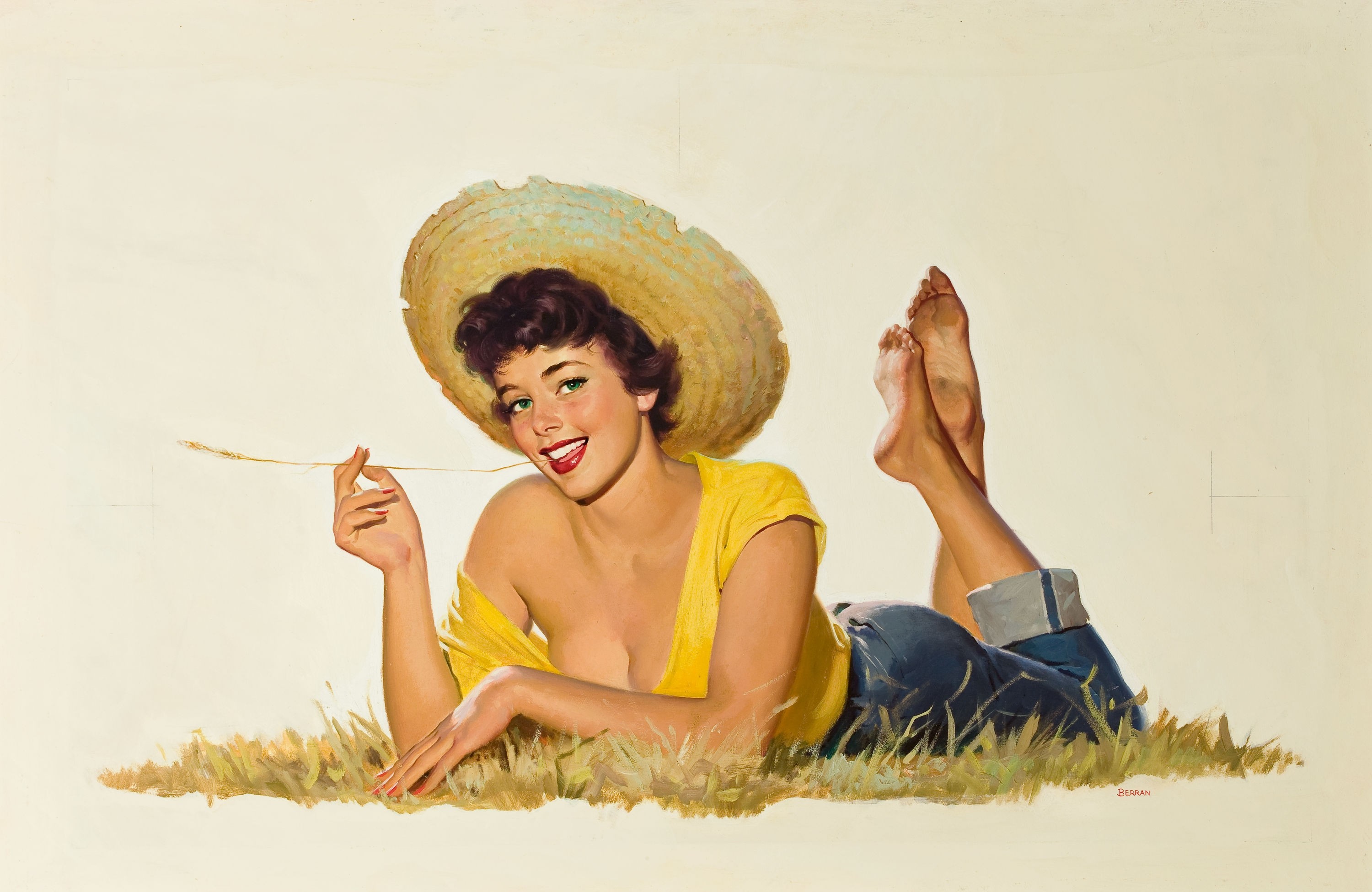General 3000x1951 painting pinup models vintage poster women straw hat lying on front red lipstick simple background white background legs up green eyes artwork looking at viewer