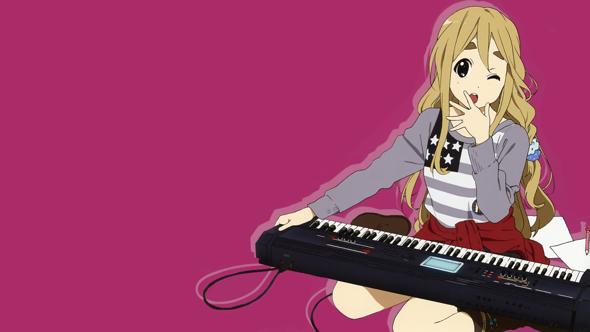 Anime 1920x1080 musical instrument anime girls anime one eye closed simple background pink background blonde