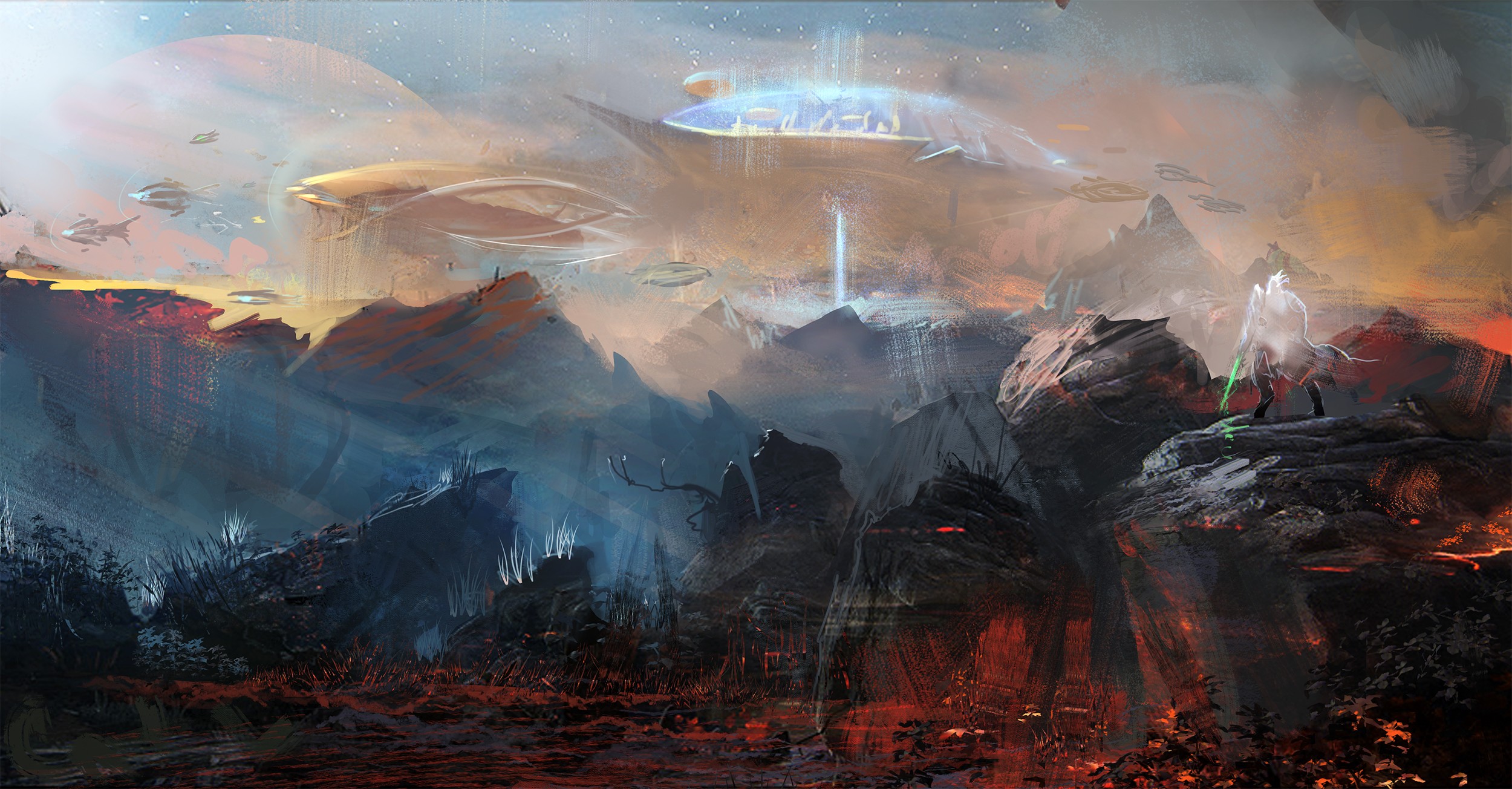 General 2500x1304 artwork fantasy art concept art planet futuristic warrior city Starcraft II dark templar zeratul video games