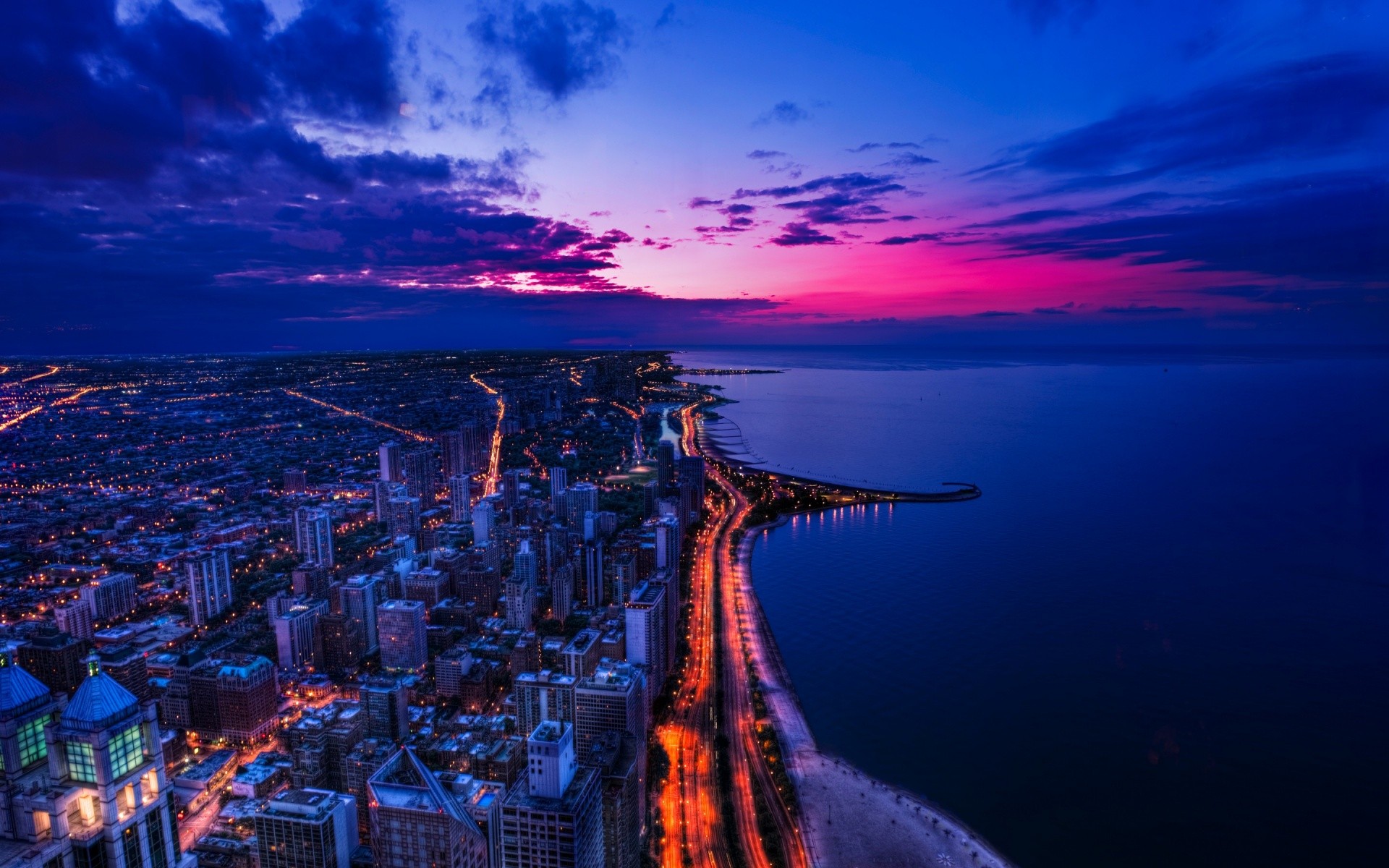 General 1920x1200 cityscape night sea Chicago city water beach Lake Shore Drive USA Lake Michigan aerial view low light HDR