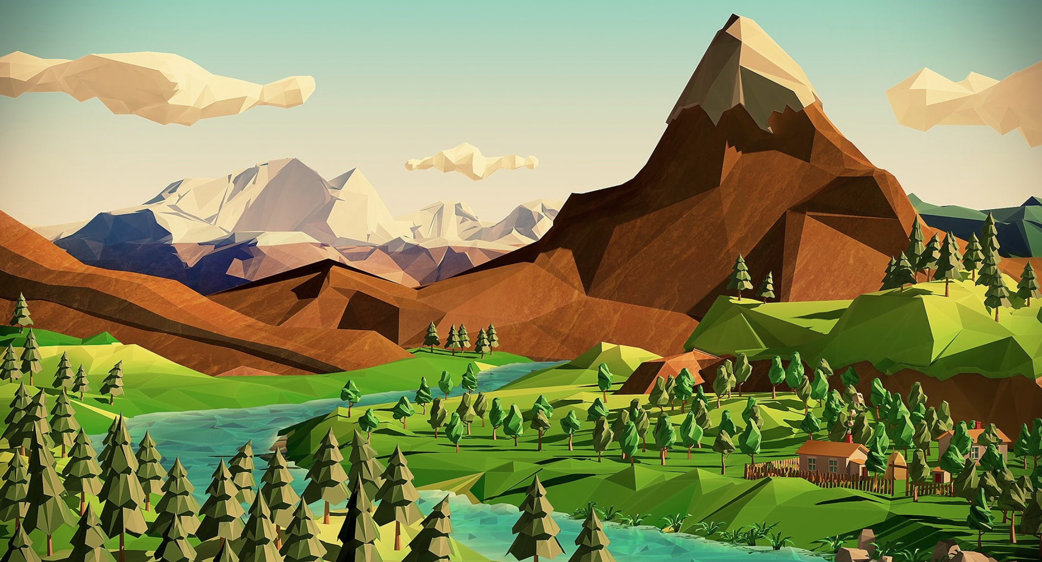 General 2122x1144 nature fantasy art low poly digital art polygon art trees clouds mountains river house