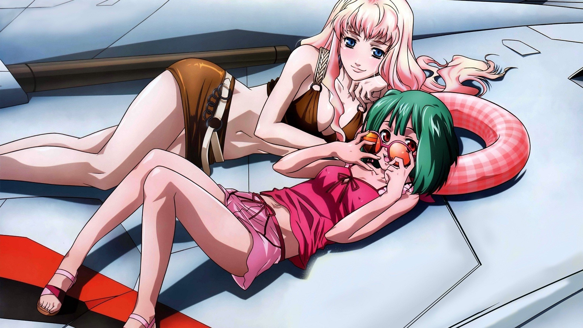 Anime 1920x1080 Macross Frontier anime anime girls Sheryl Nome Ranka Lee Macross two women boobs legs lying on side lying on back green hair pink hair knees together legs together cleavage women with shades sunglasses blue eyes red eyes