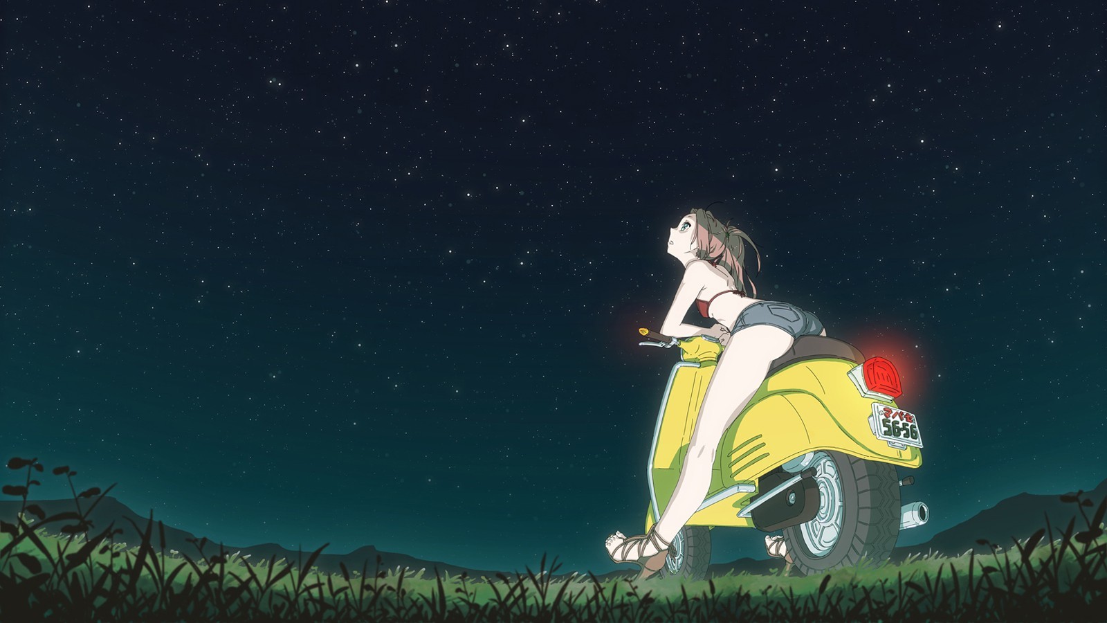 Anime 1600x900 anime girls night Haruhara Haruko FLCL looking up starry night stars sky legs vehicle scooters women with scooters women outdoors outdoors ass bra numbers Pixiv short shorts