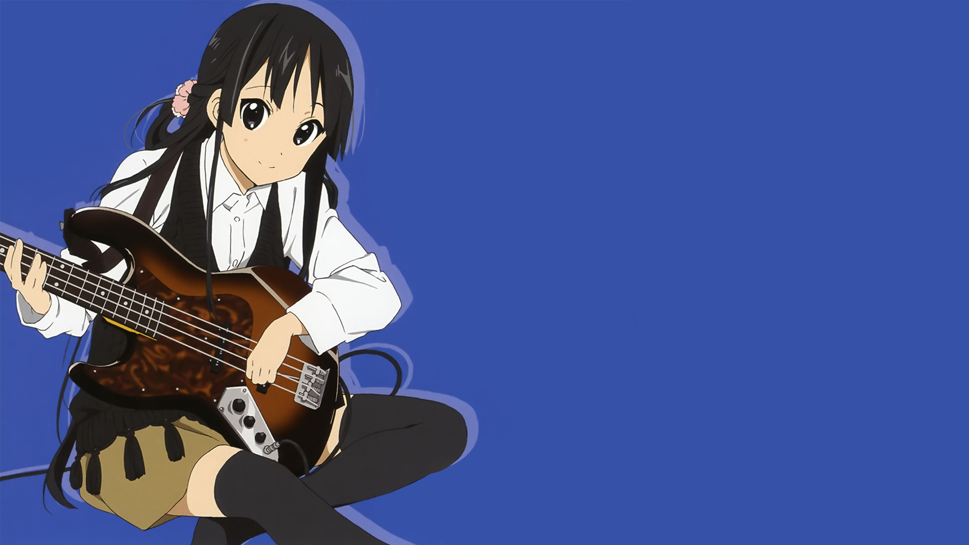 Anime 1920x1080 anime girls anime K-ON! Akiyama Mio blue background guitar musical instrument dark eyes sitting bass guitars