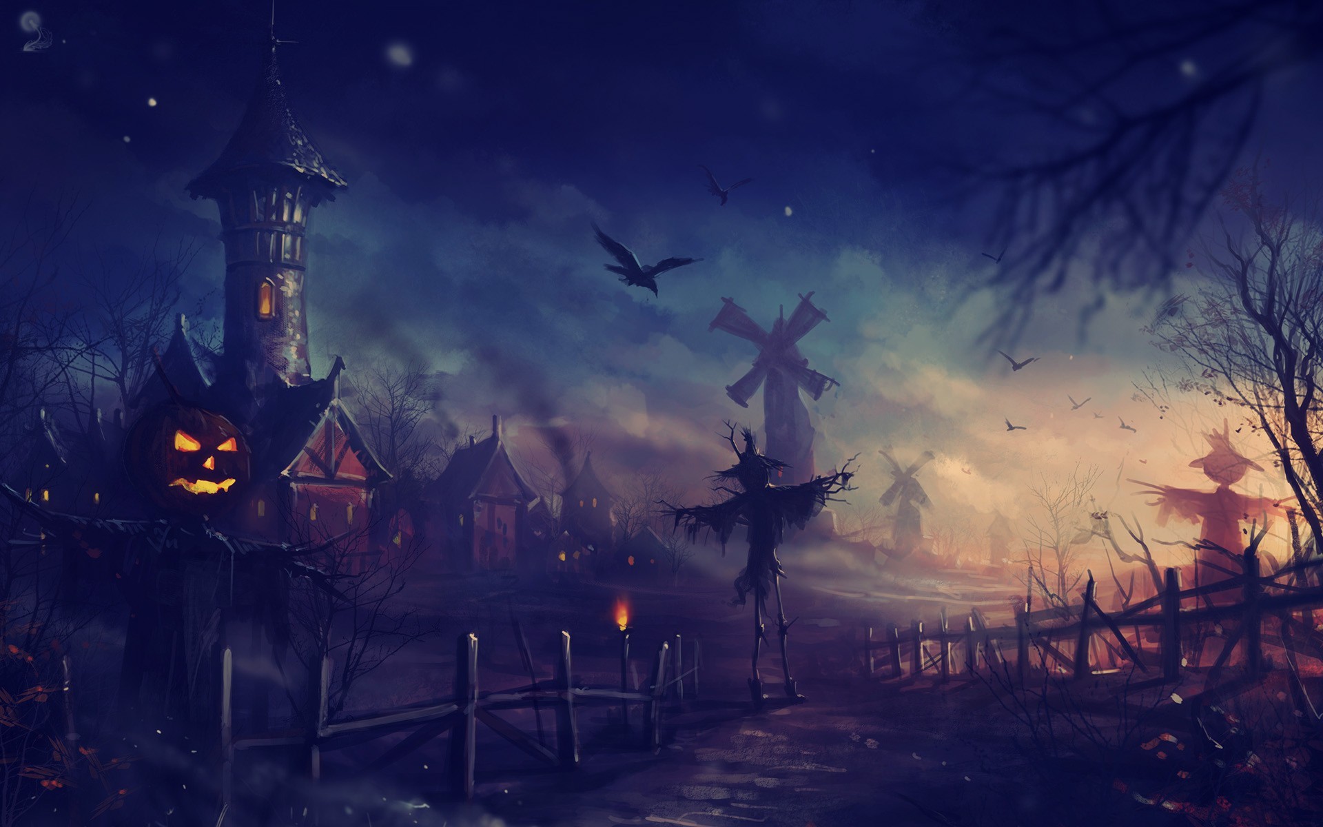 General 1920x1200 Halloween scarecrows pumpkin Jack O' Lantern crow windmill Igor Artyomenko fantasy art village digital art